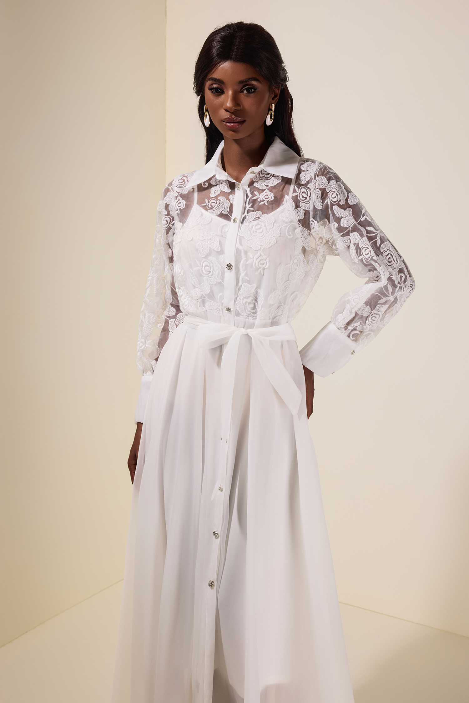 Embroidered Rhinestone Single Breasted Midi Dress With Belt