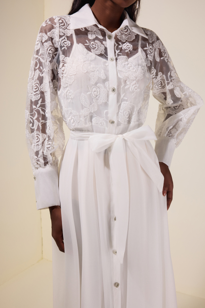 Embroidered Rhinestone Single Breasted Midi Dress With Belt