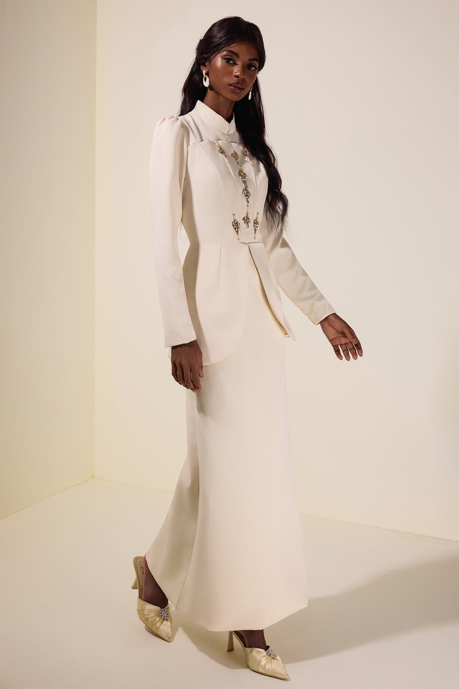 Solid Stand Collar Rhinestone Maxi Dress