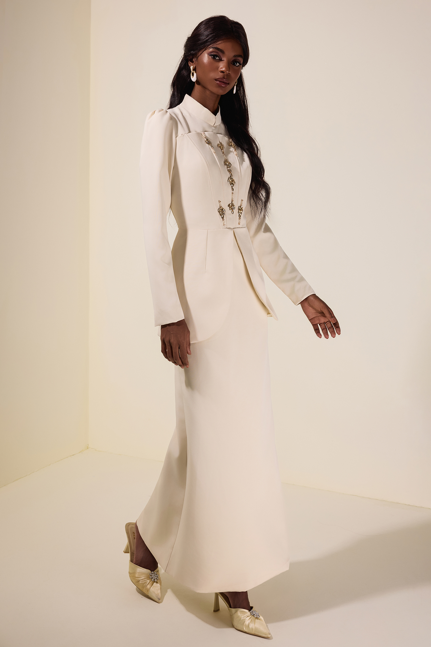 Solid Stand Collar Rhinestone Maxi Dress