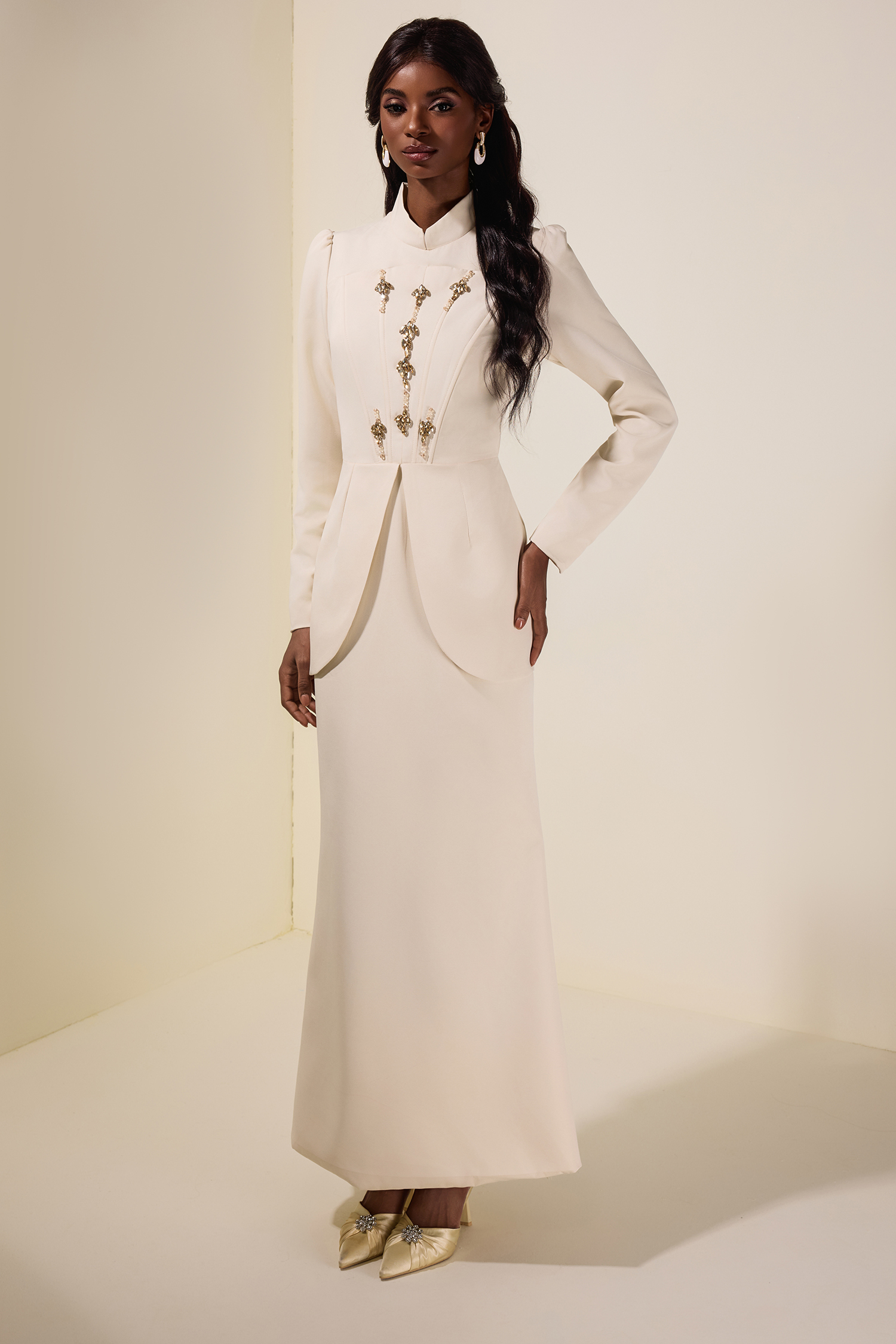 Solid Stand Collar Rhinestone Maxi Dress