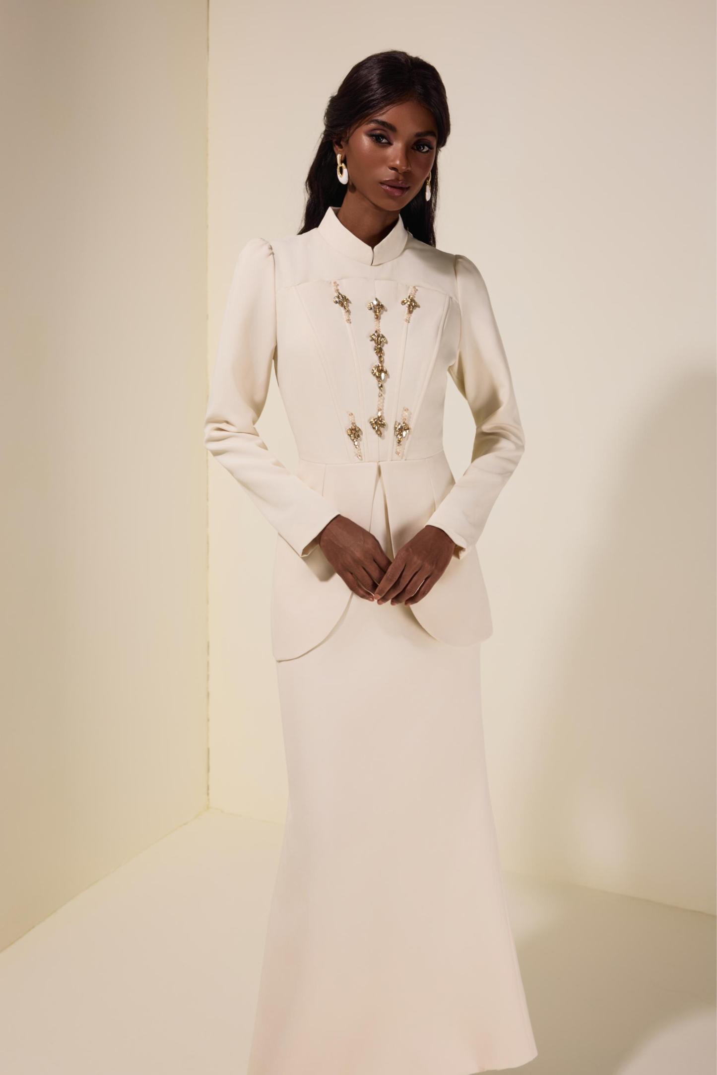 Solid Stand Collar Rhinestone Maxi Dress