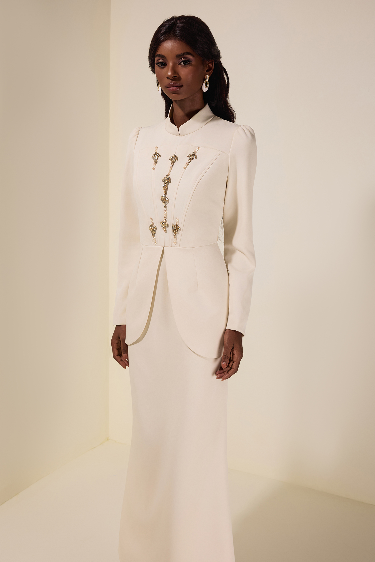 Solid Stand Collar Rhinestone Maxi Dress