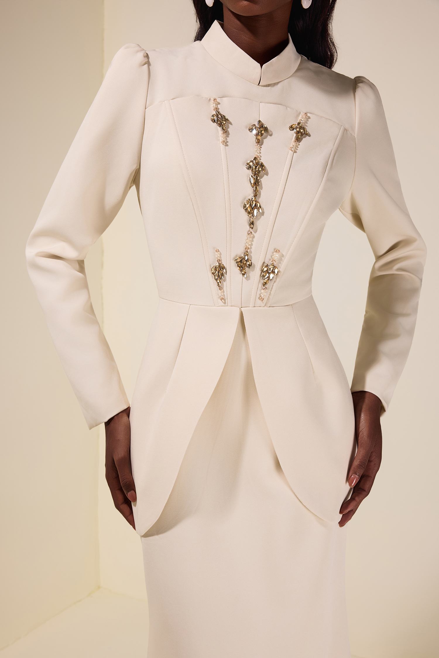 Solid Stand Collar Rhinestone Maxi Dress