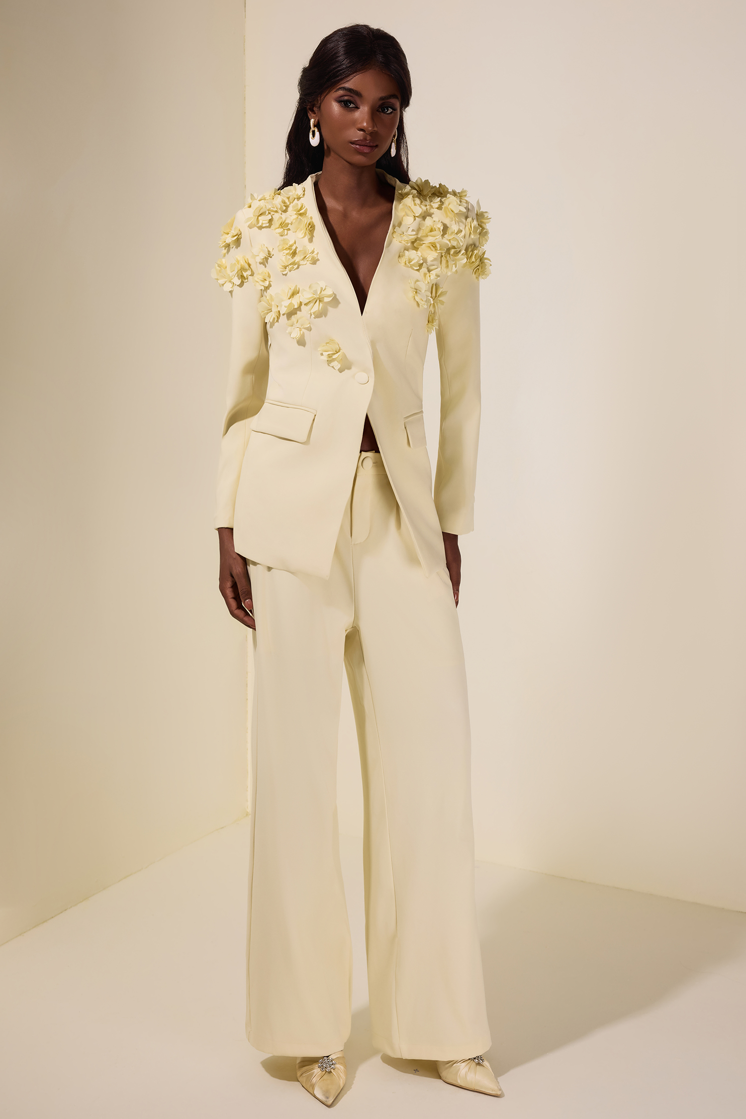 3D Flower V-Neck Top &  Loose Pants Set