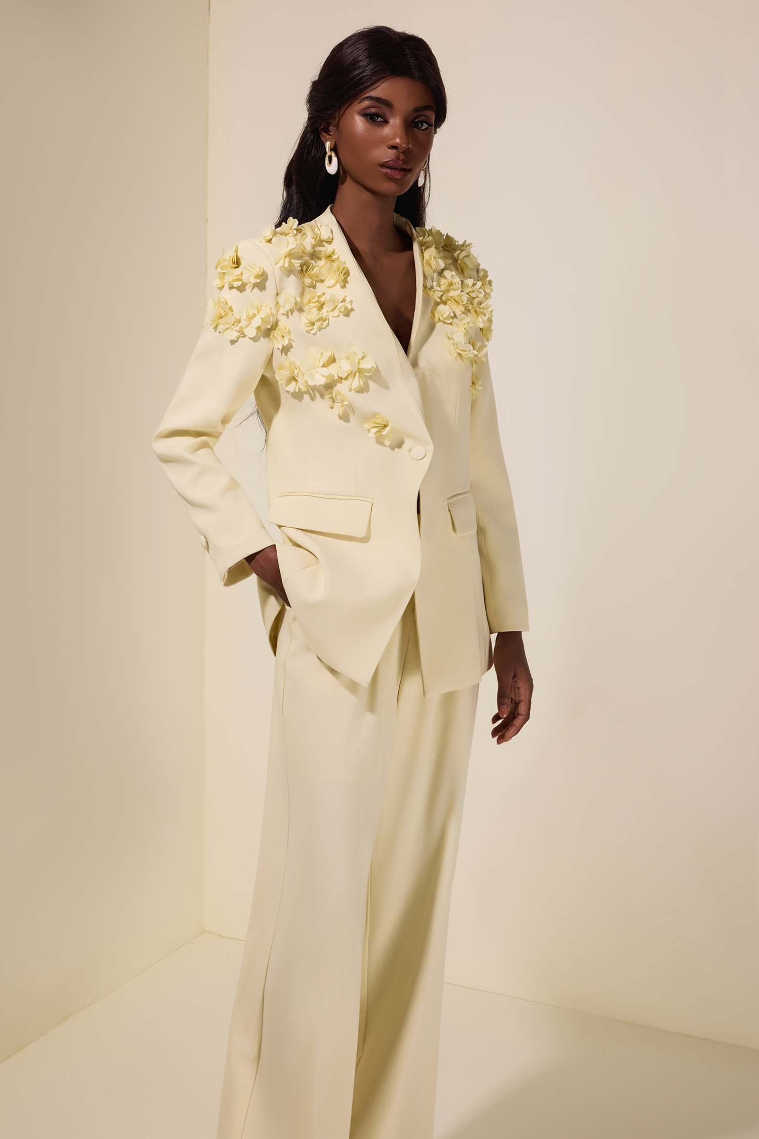 3D Flower V-Neck Top &  Loose Pants Set