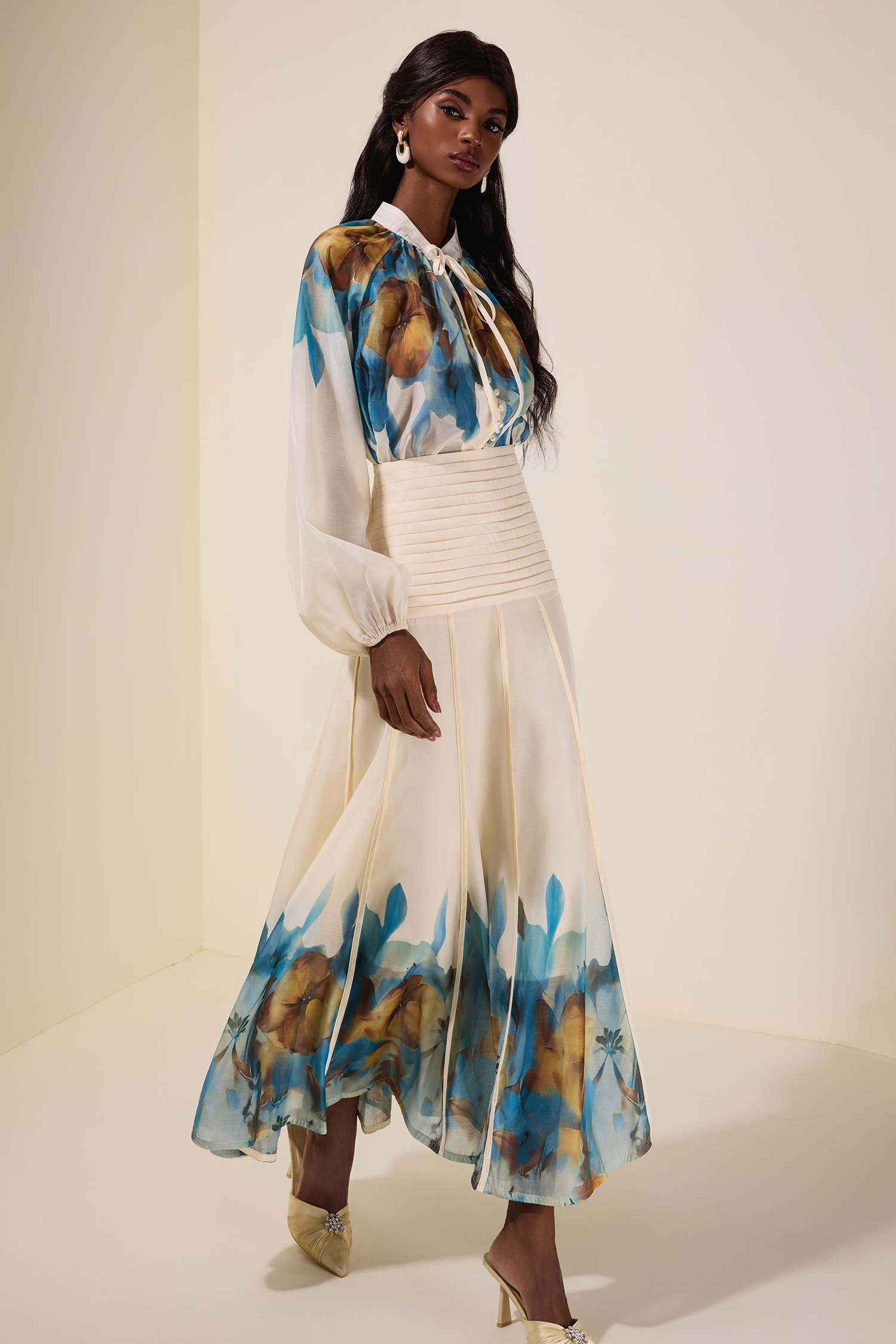 Aude Floral Top & Pleated Midi Skirt Set