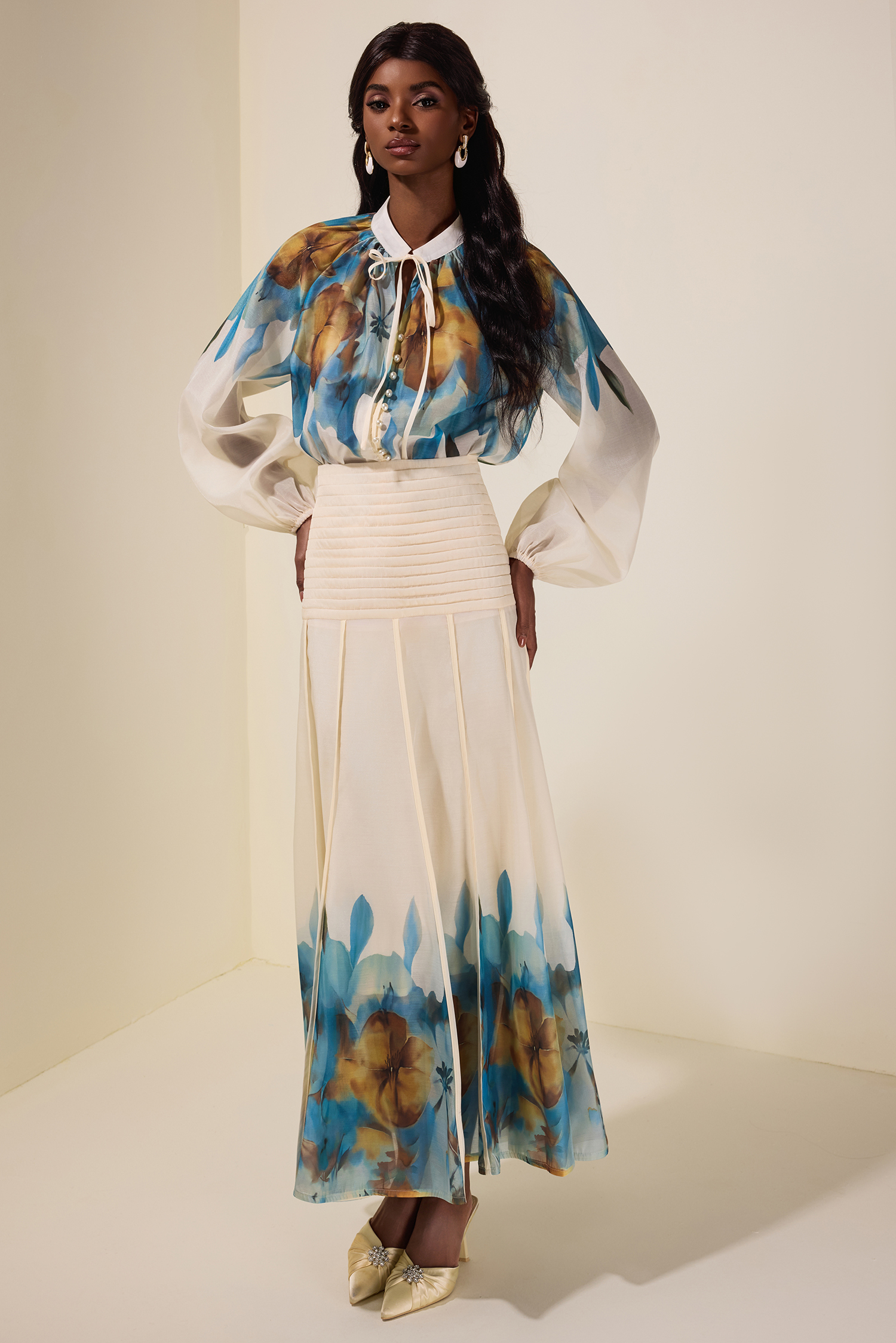 Aude Floral Top & Pleated Midi Skirt Set