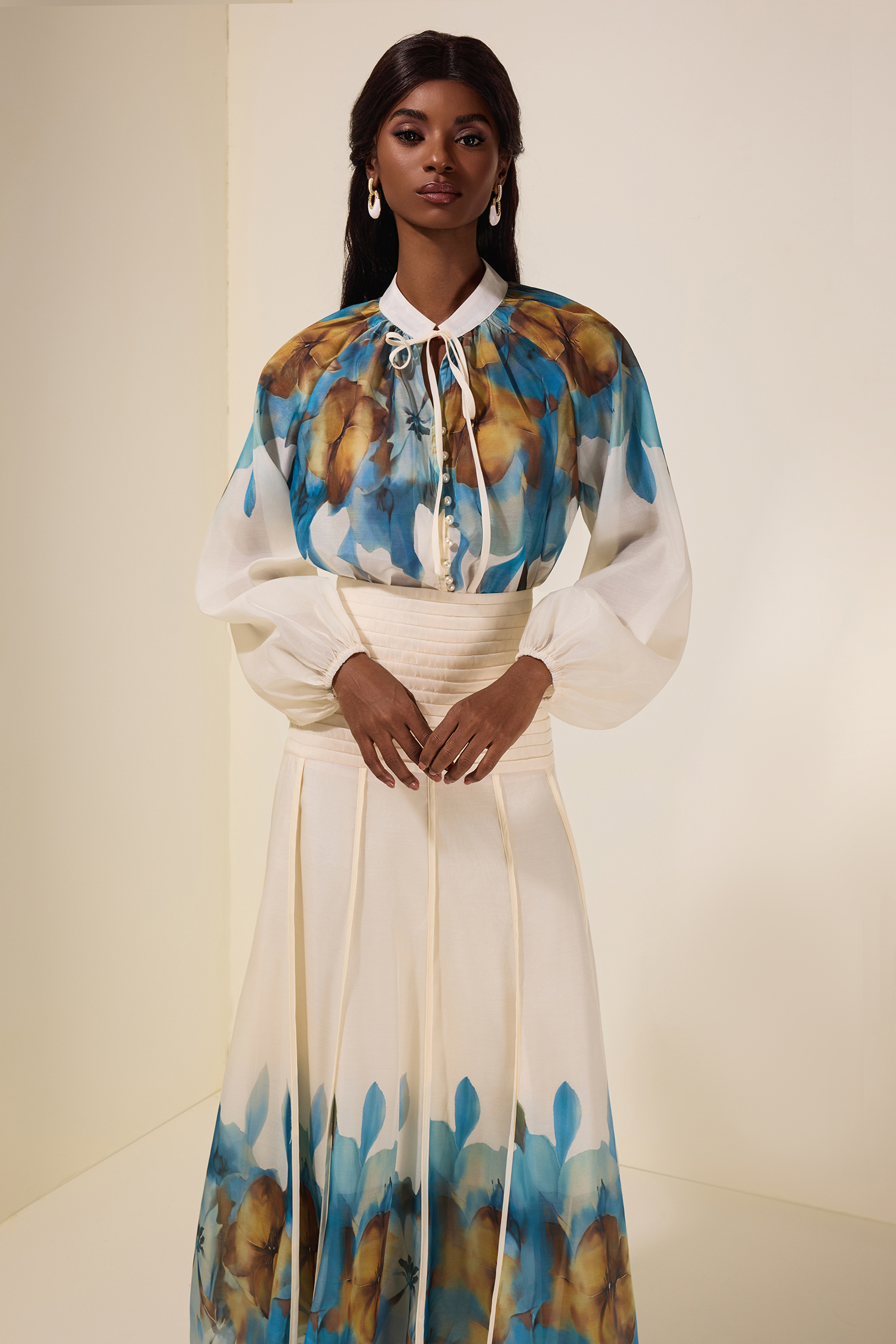 Aude Floral Top & Pleated Midi Skirt Set