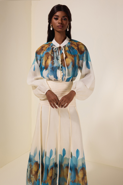 Aude Floral Top & Pleated Midi Skirt Set