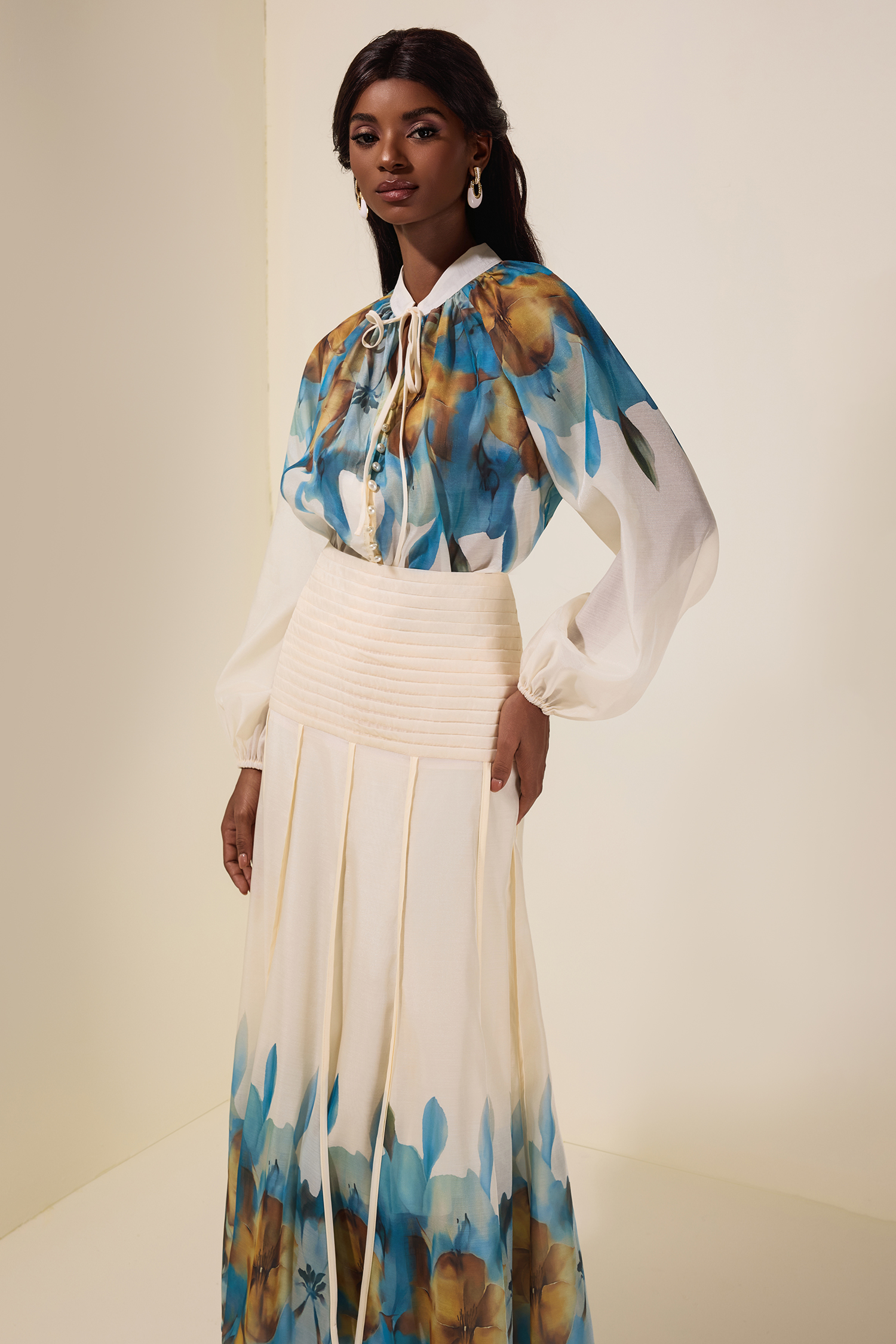 Aude Floral Top & Pleated Midi Skirt Set