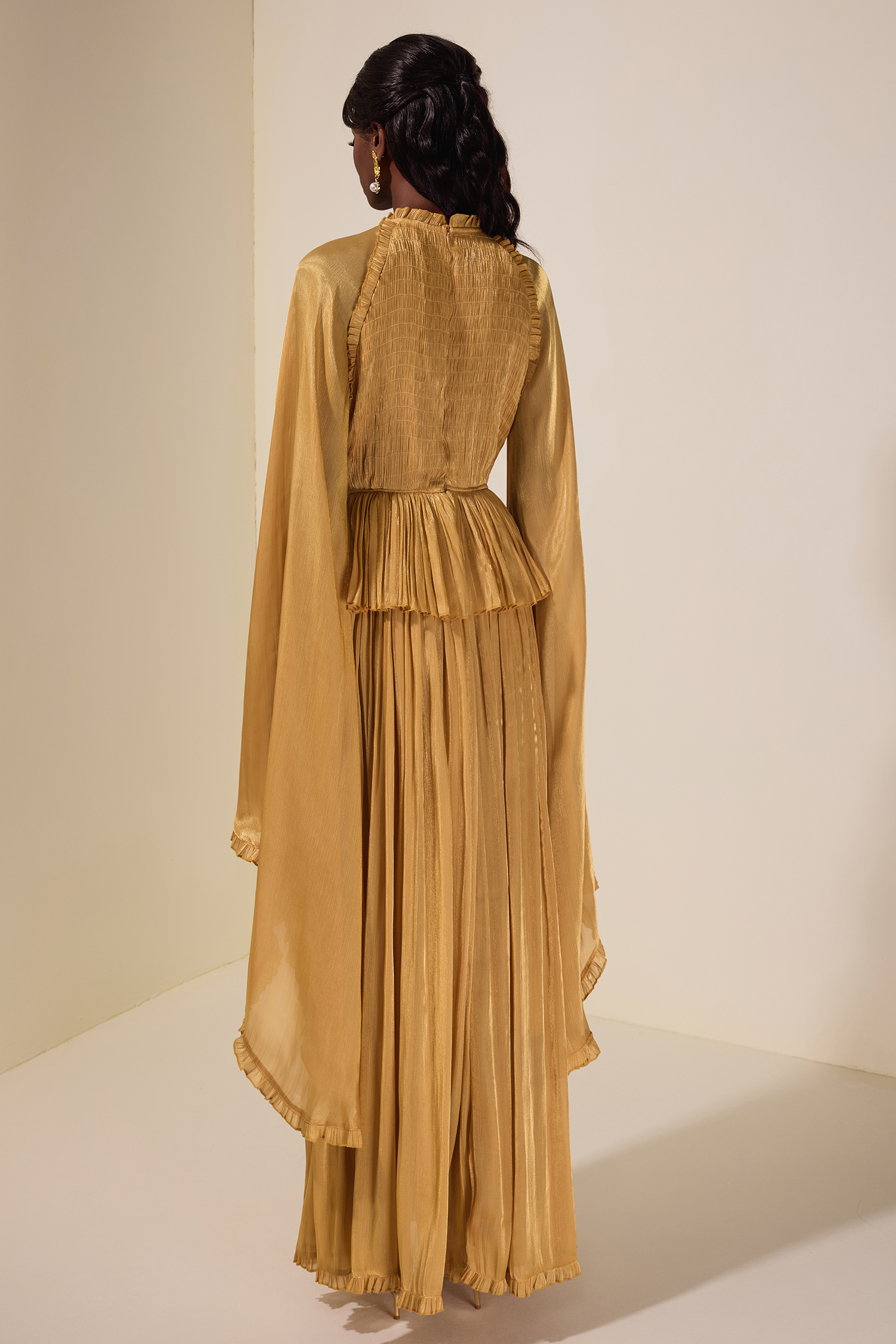 Frill Pleated Bell Sleeve Maxi Dress