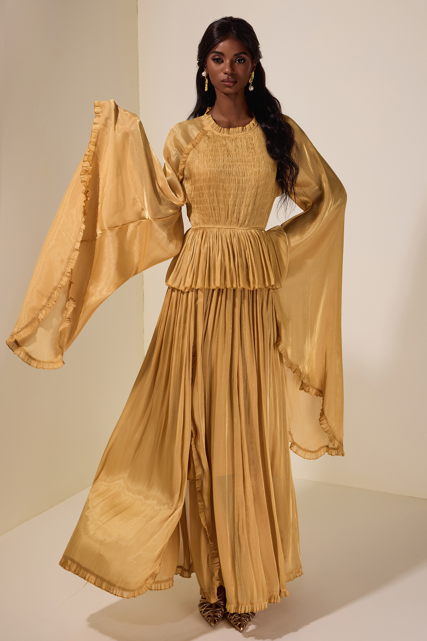 Frill Pleated Bell Sleeve Maxi Dress