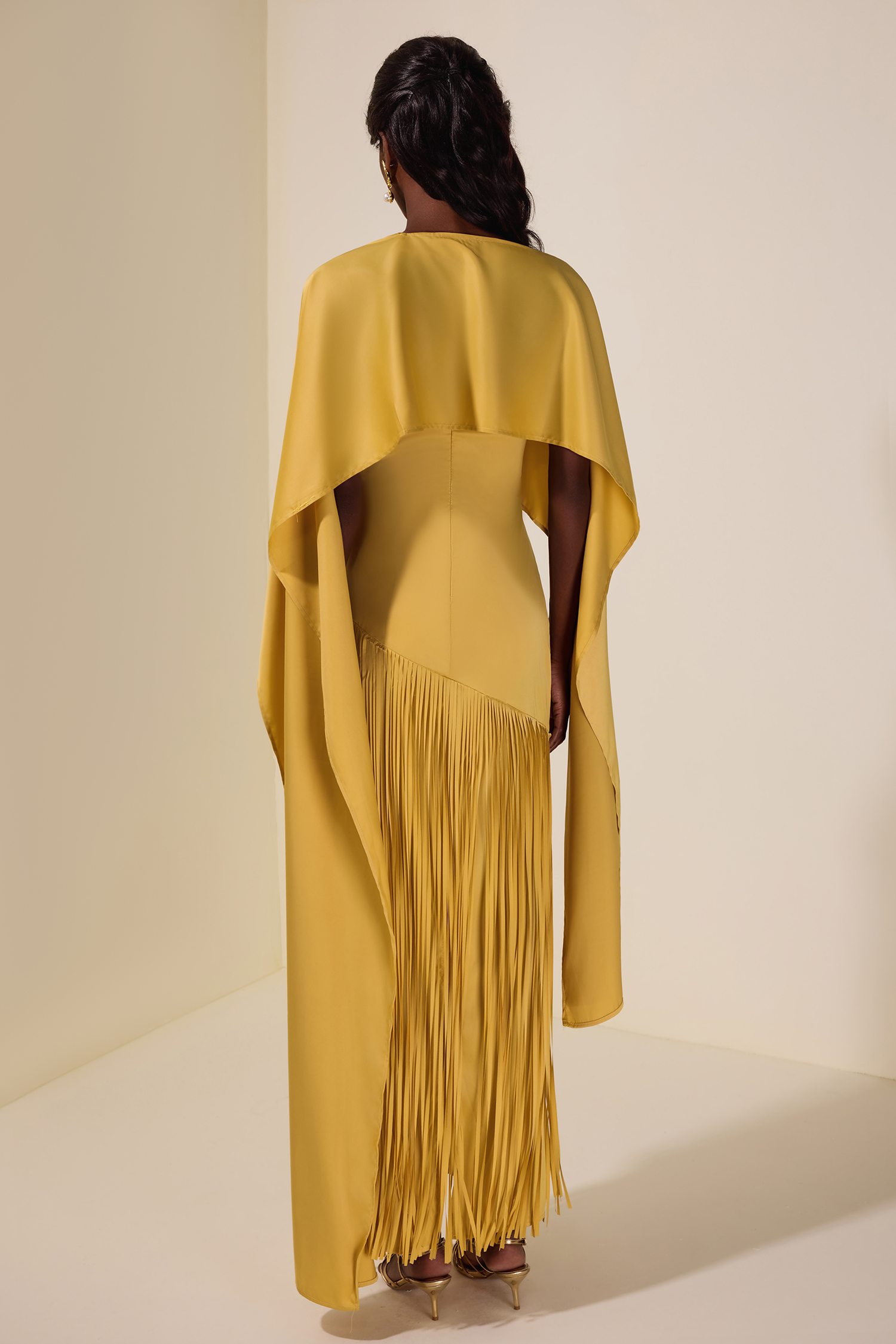 Solid Satin Tassel Maxi Dress With Cape