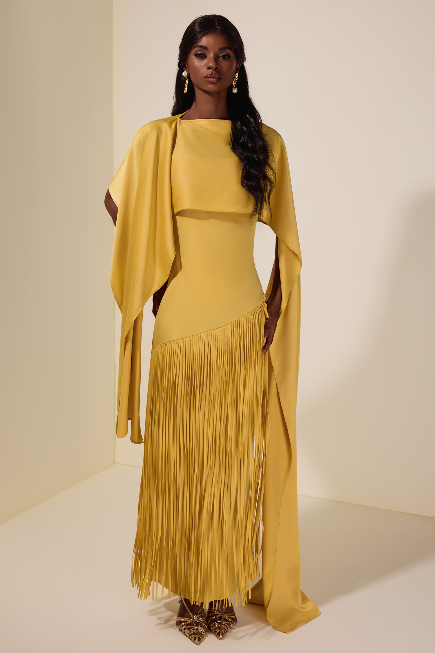 Solid Satin Tassel Maxi Dress With Cape