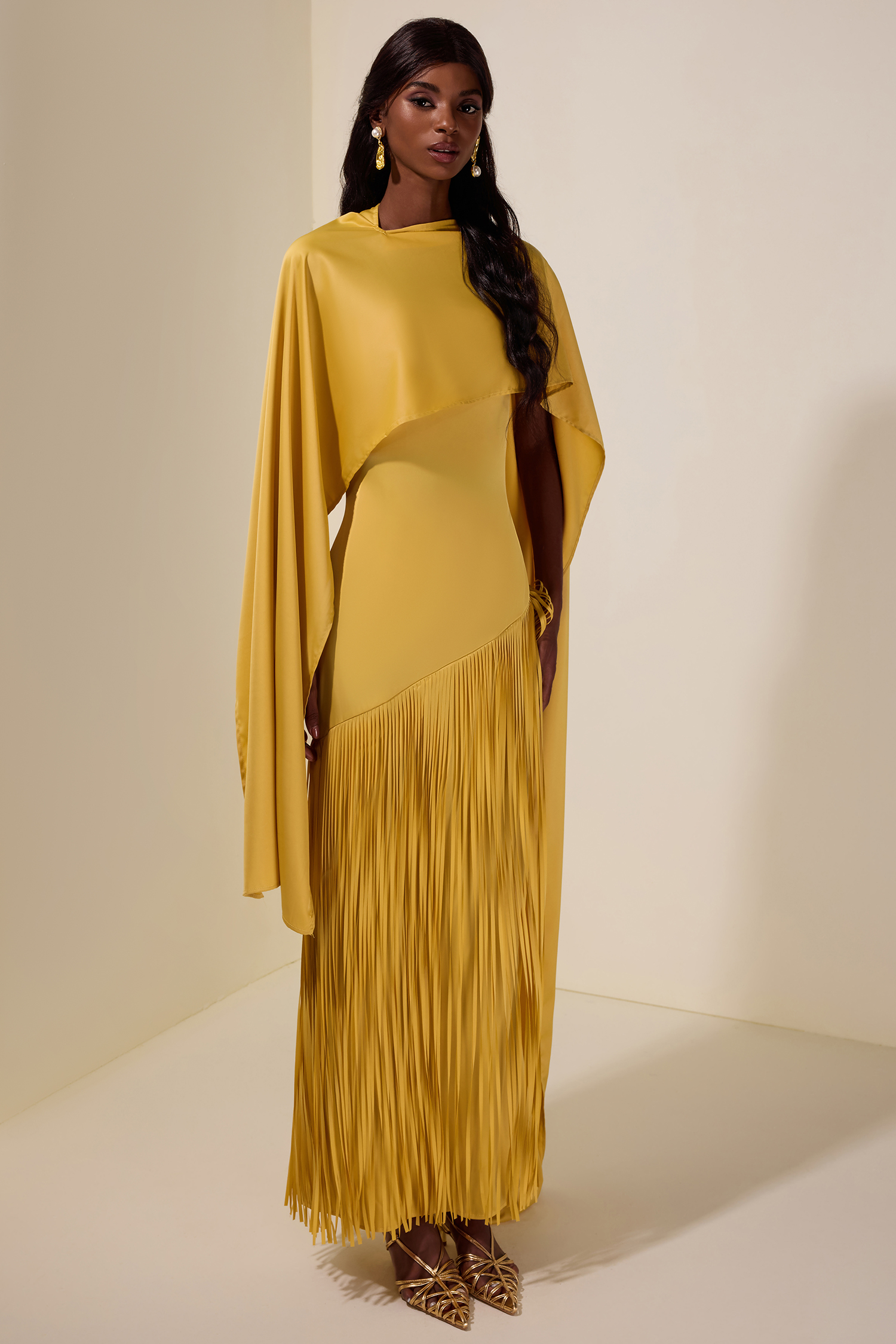 Solid Satin Tassel Maxi Dress With Cape