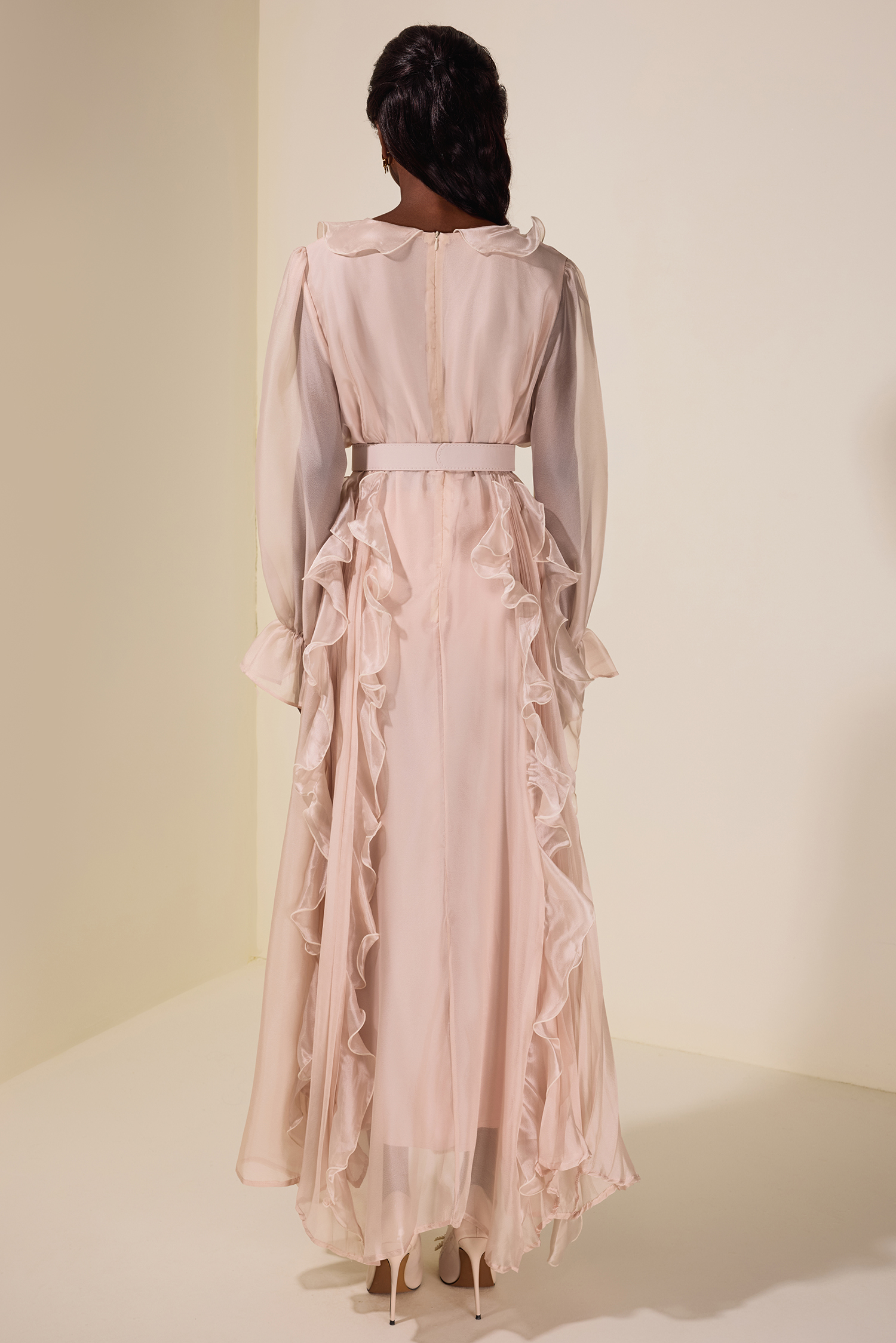 Chiffon 3D Flower Ruffle Midi Dress With Belt