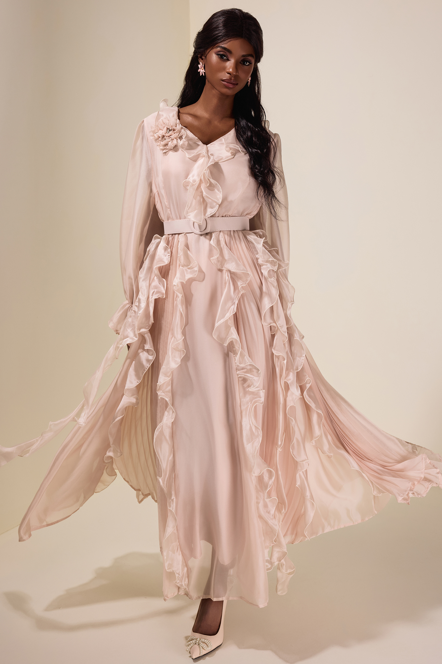 Chiffon 3D Flower Ruffle Midi Dress With Belt