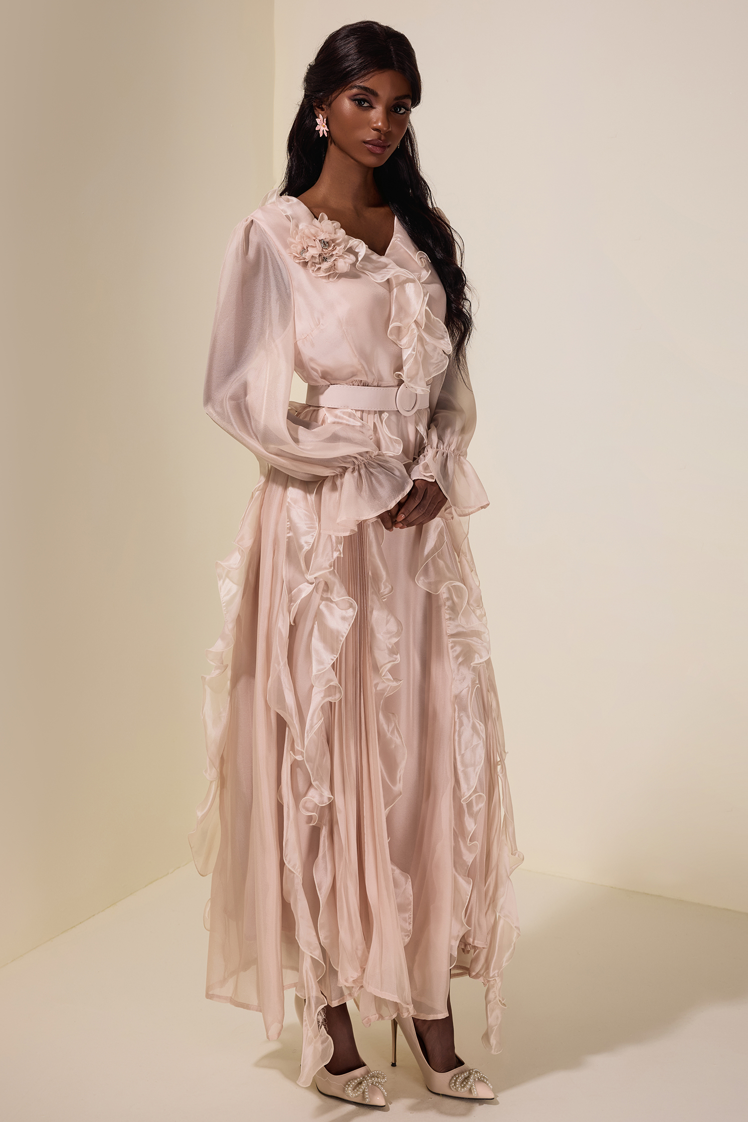 Chiffon 3D Flower Ruffle Midi Dress With Belt