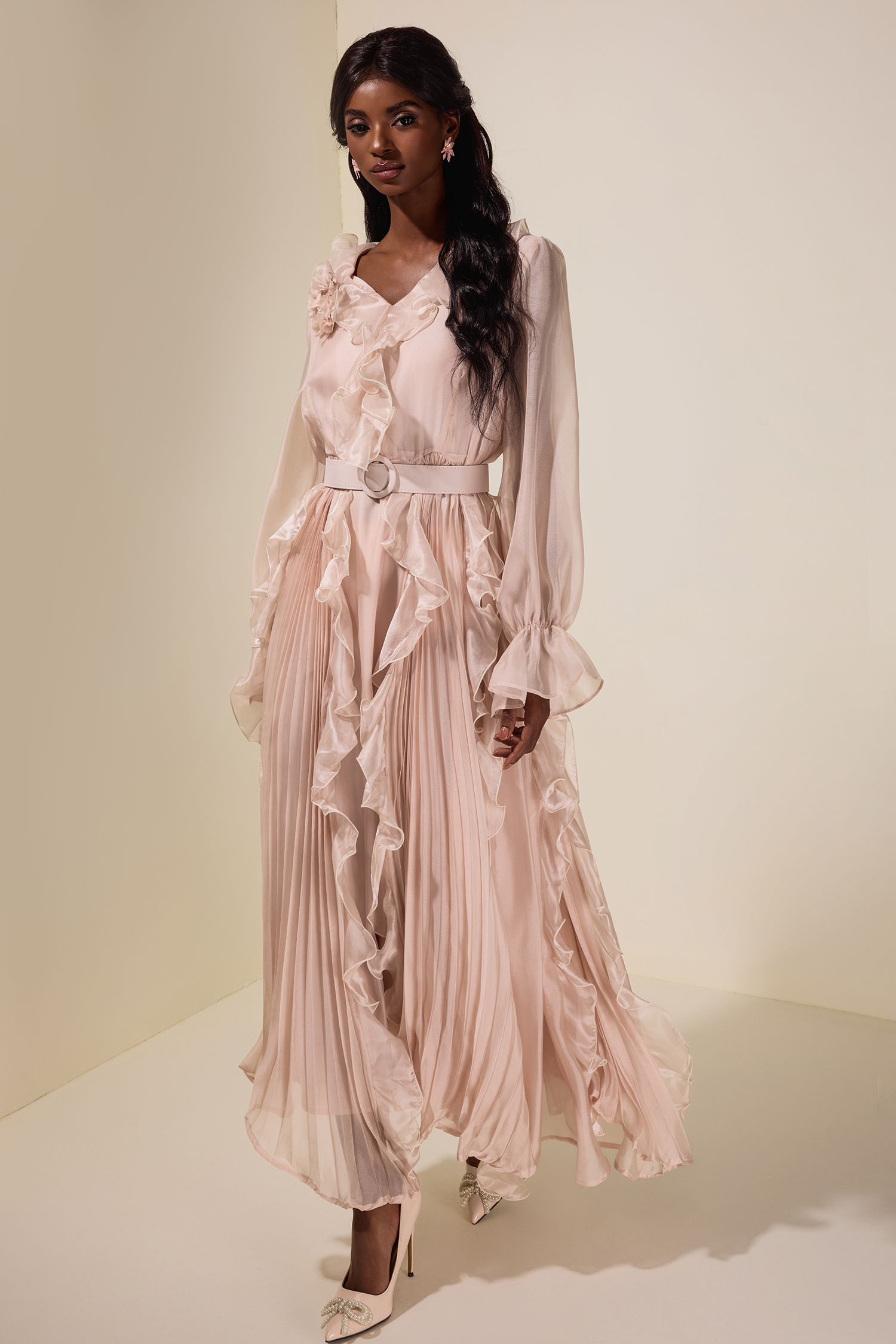 Chiffon 3D Flower Ruffle Midi Dress With Belt