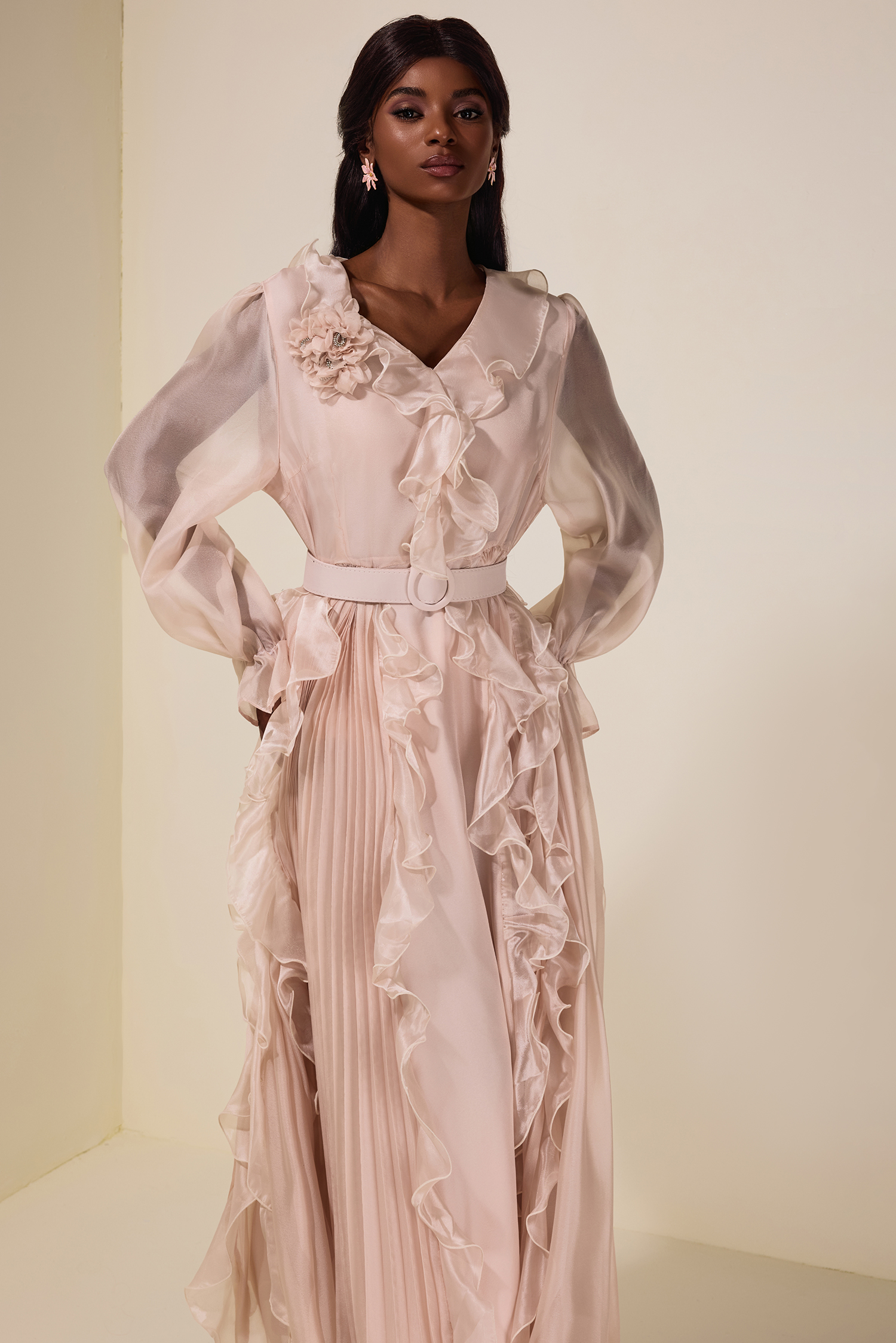 Chiffon 3D Flower Ruffle Midi Dress With Belt