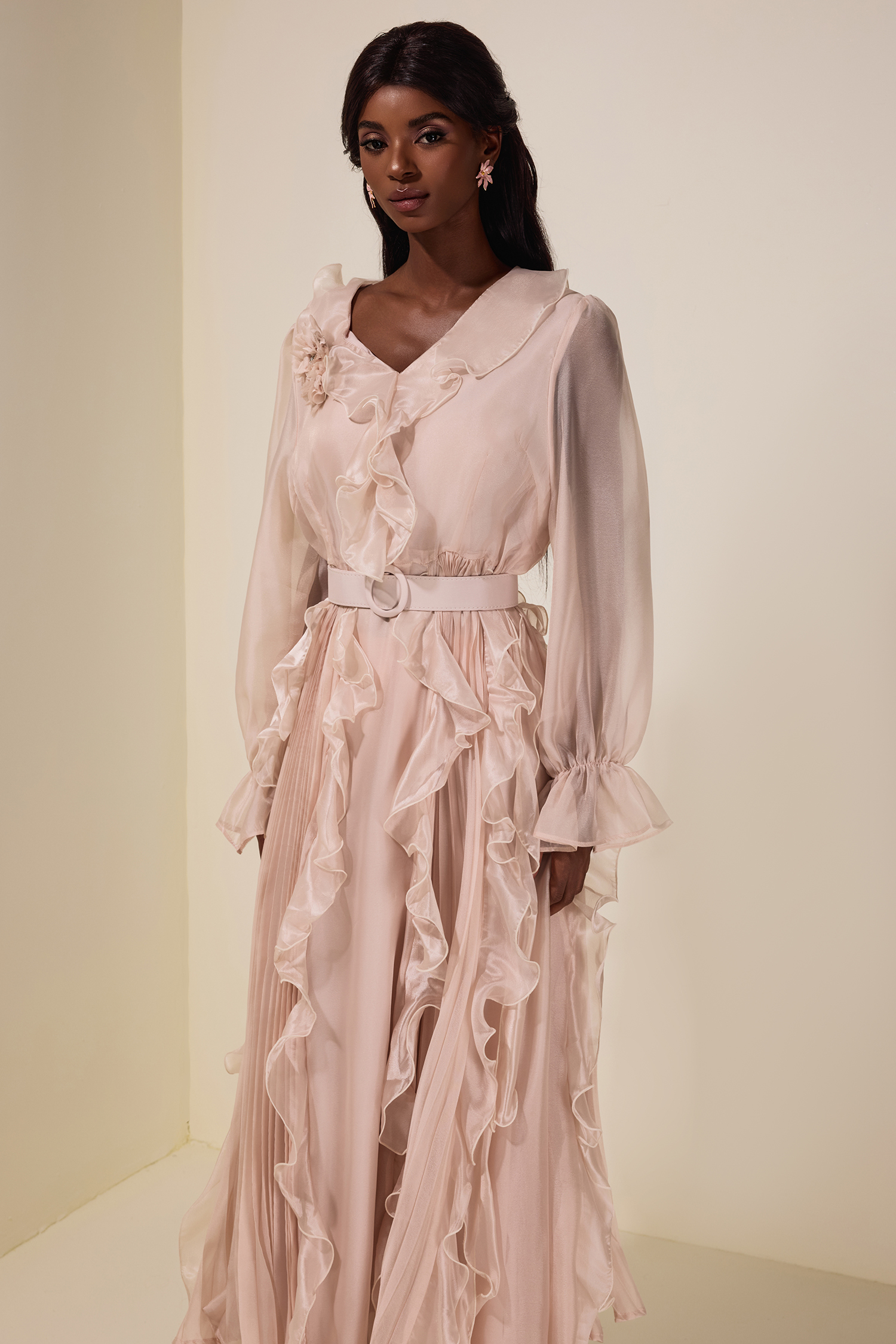 Chiffon 3D Flower Ruffle Midi Dress With Belt