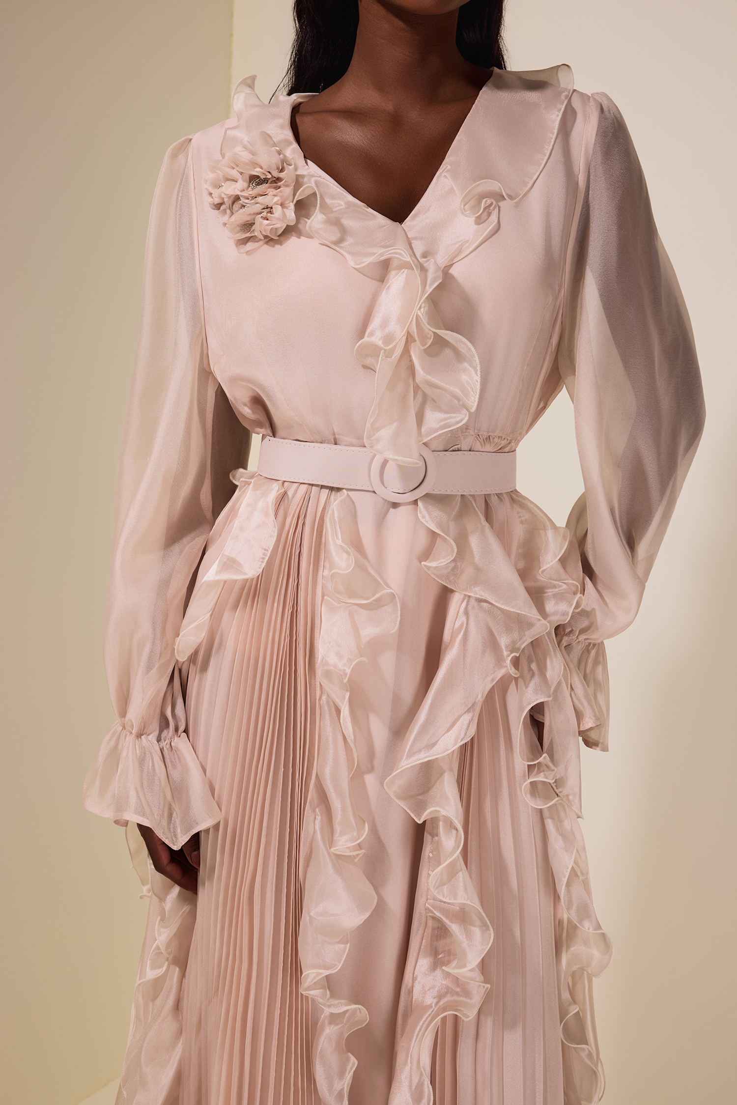 Chiffon 3D Flower Ruffle Midi Dress With Belt