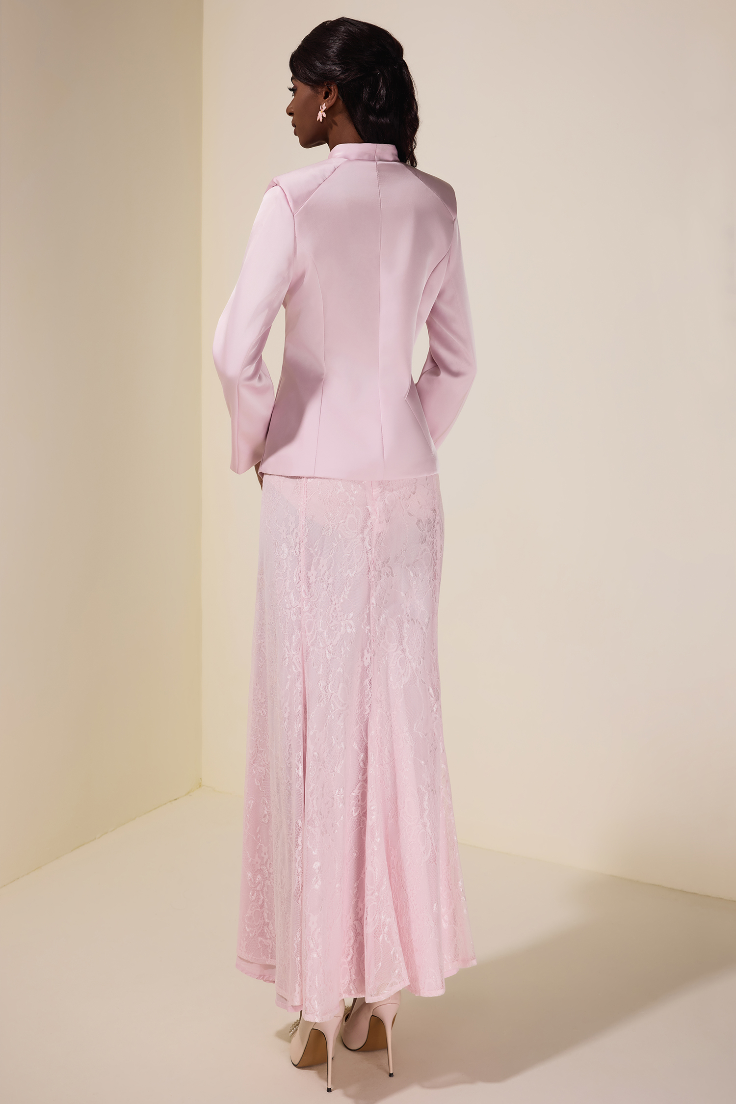 3D Flower Satin Blazer & Lace Hight Waist Maxi Skirt Set