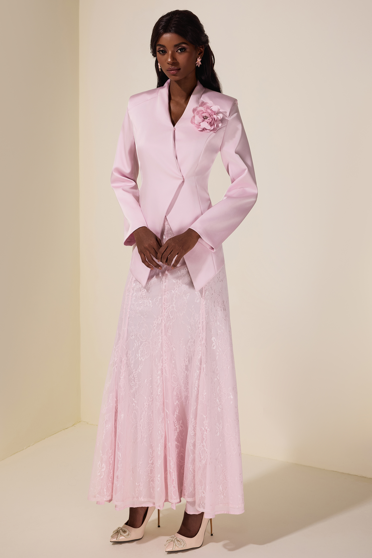 3D Flower Satin Blazer & Lace Hight Waist Maxi Skirt Set