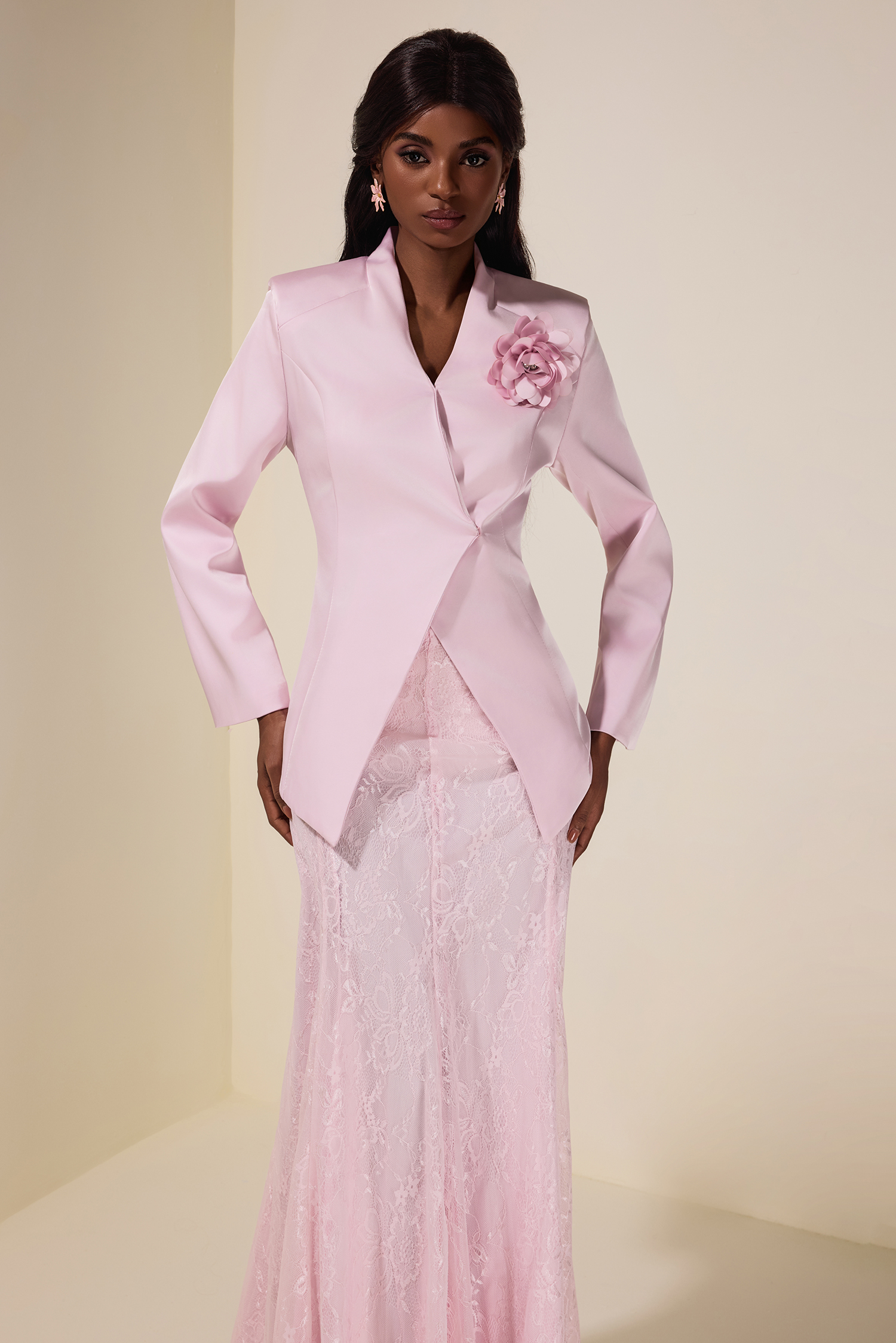 3D Flower Satin Blazer & Lace Hight Waist Maxi Skirt Set