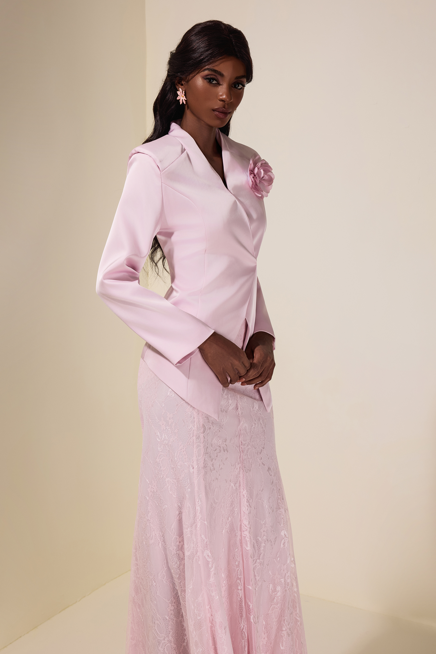 3D Flower Satin Blazer & Lace Hight Waist Maxi Skirt Set