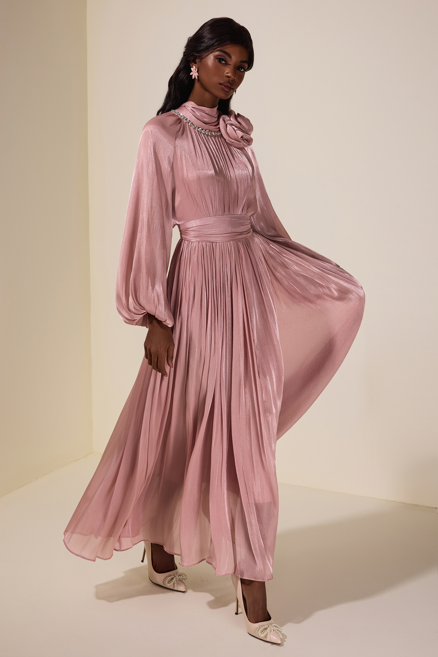 3D Flower Rhinestone Maxi Dress With Belt