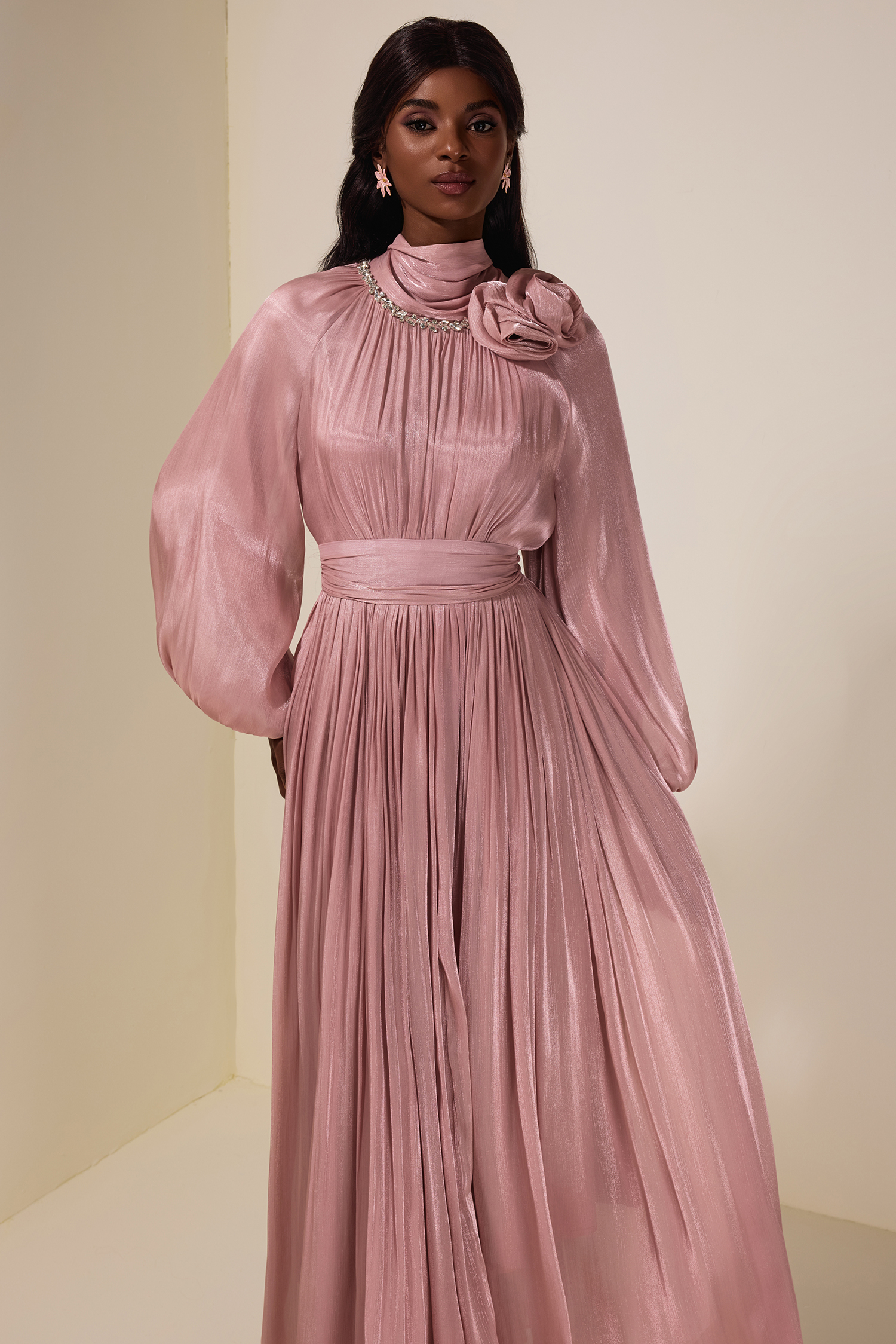 3D Flower Rhinestone Maxi Dress With Belt