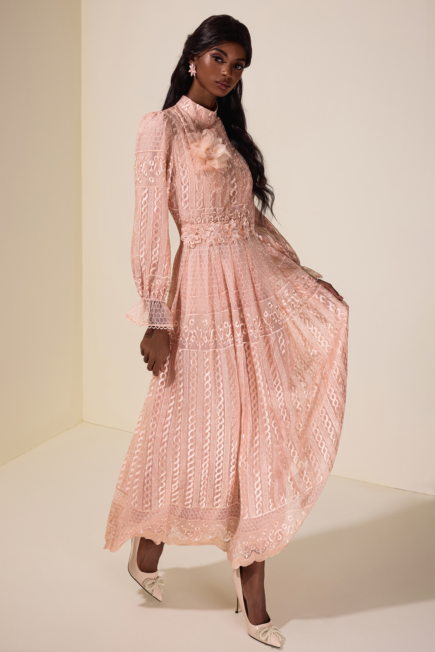 3D Flower Embroidered Beaded Maxi Dress