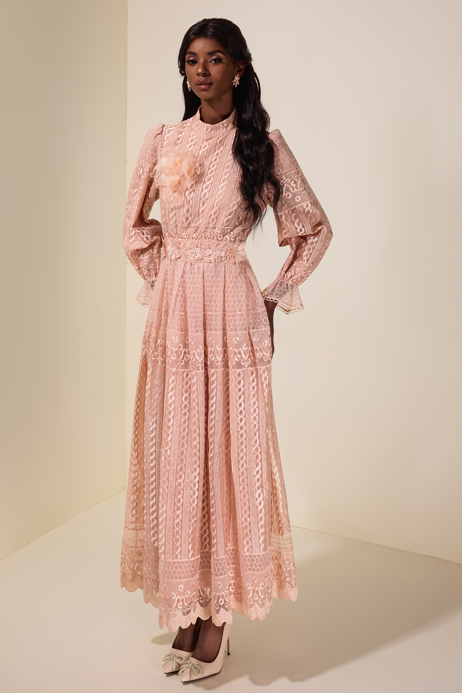 3D Flower Embroidered Beaded Maxi Dress