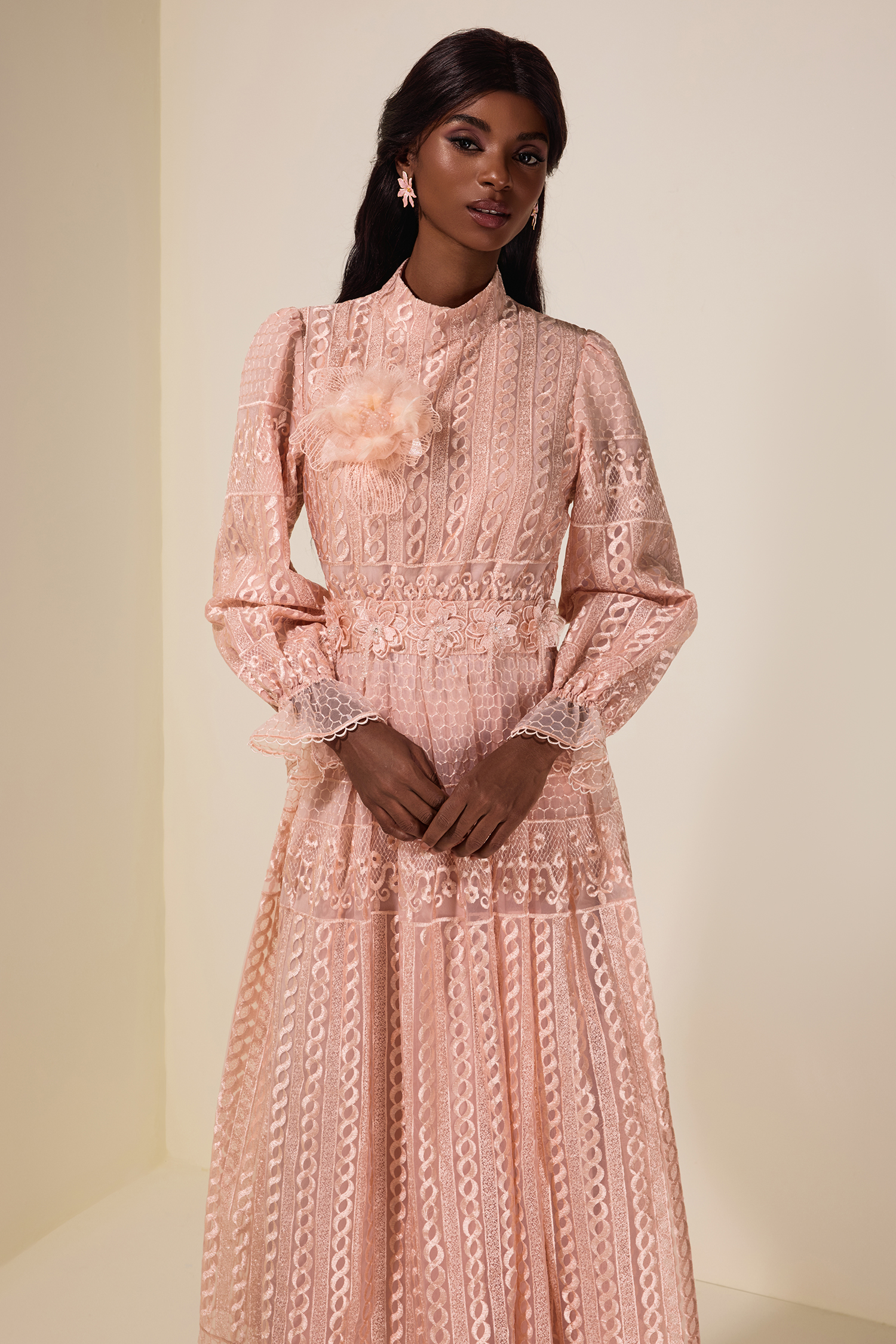 3D Flower Embroidered Beaded Maxi Dress