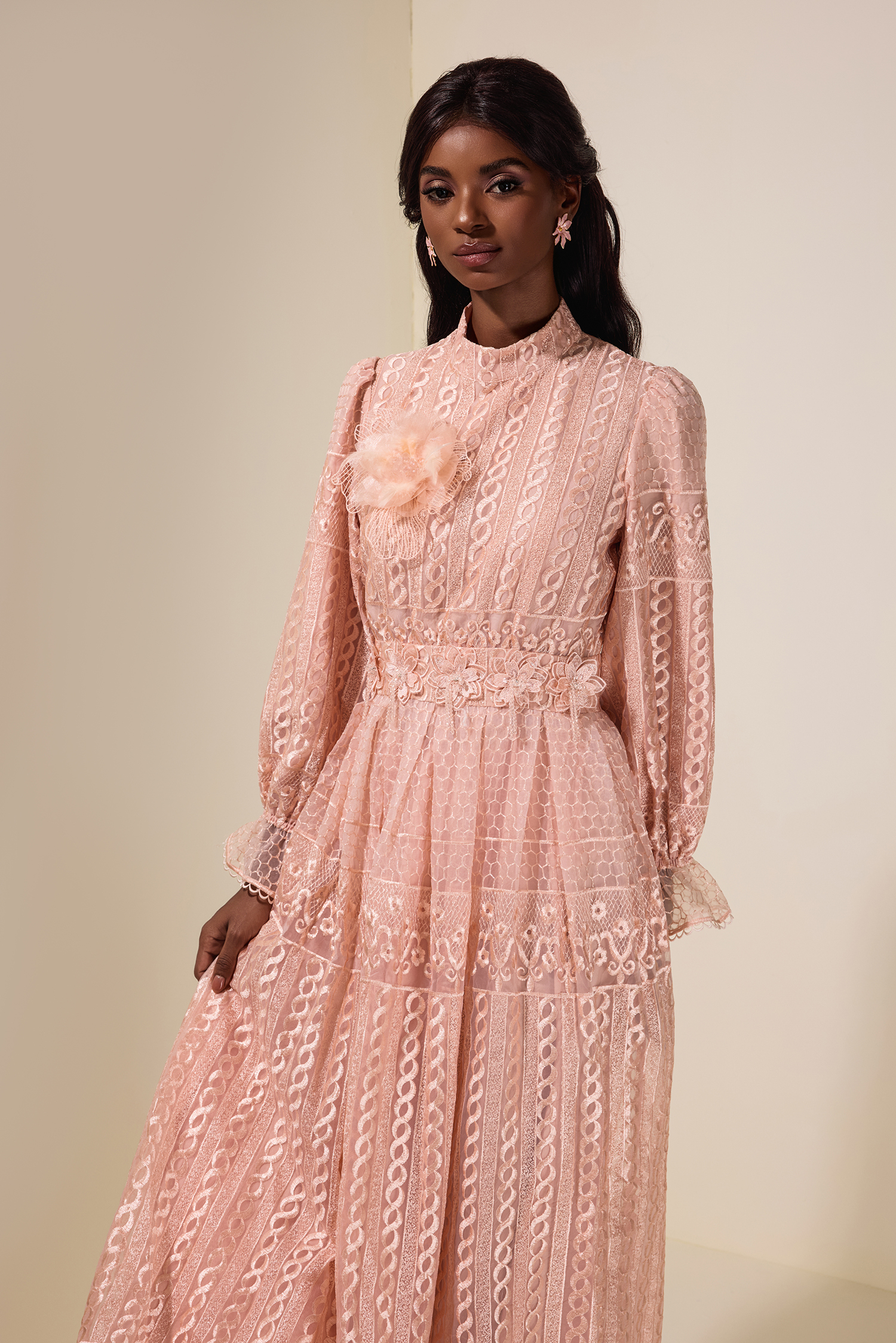 3D Flower Embroidered Beaded Maxi Dress