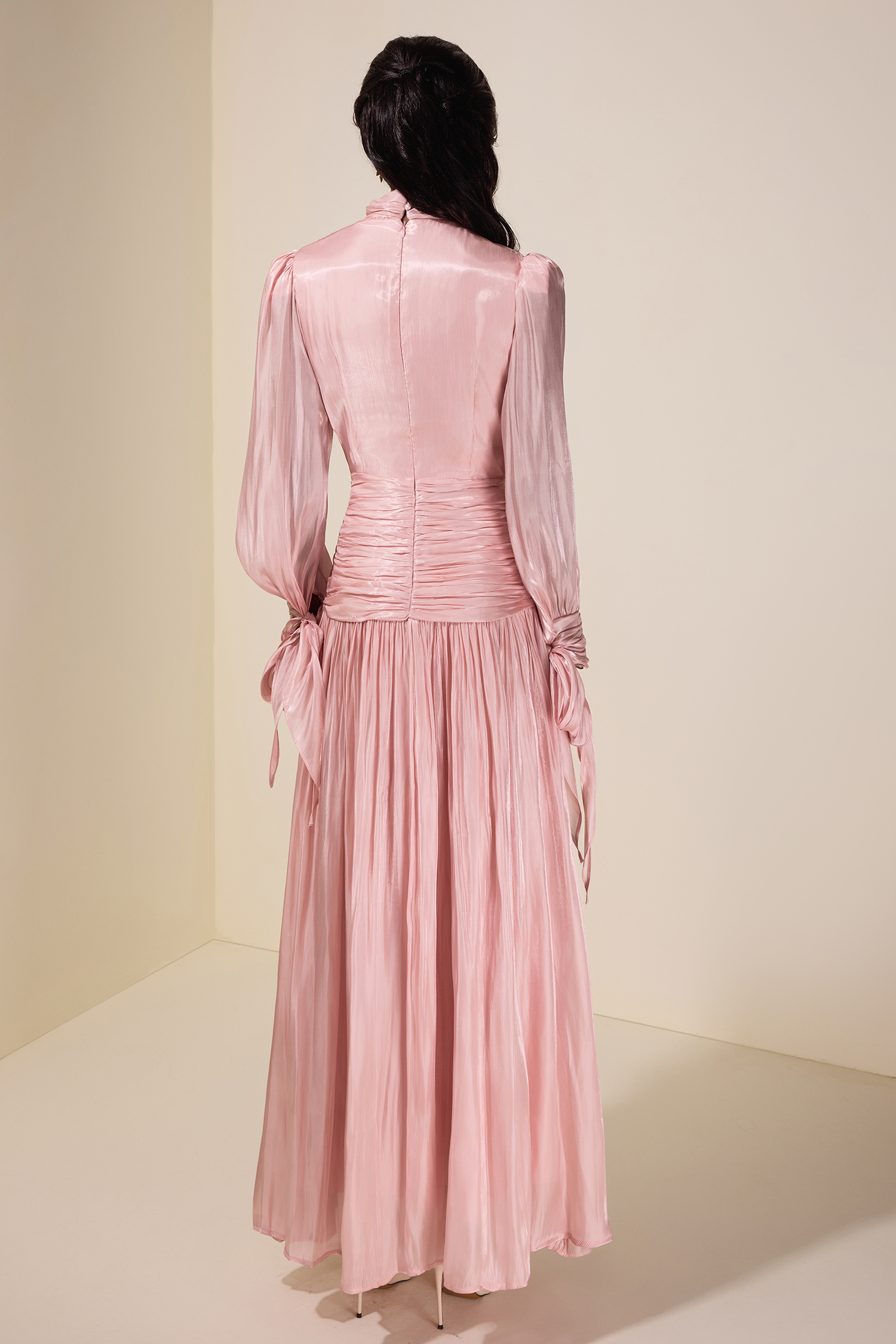 Pleated Lace-Up Long Sleeve Midi Dress