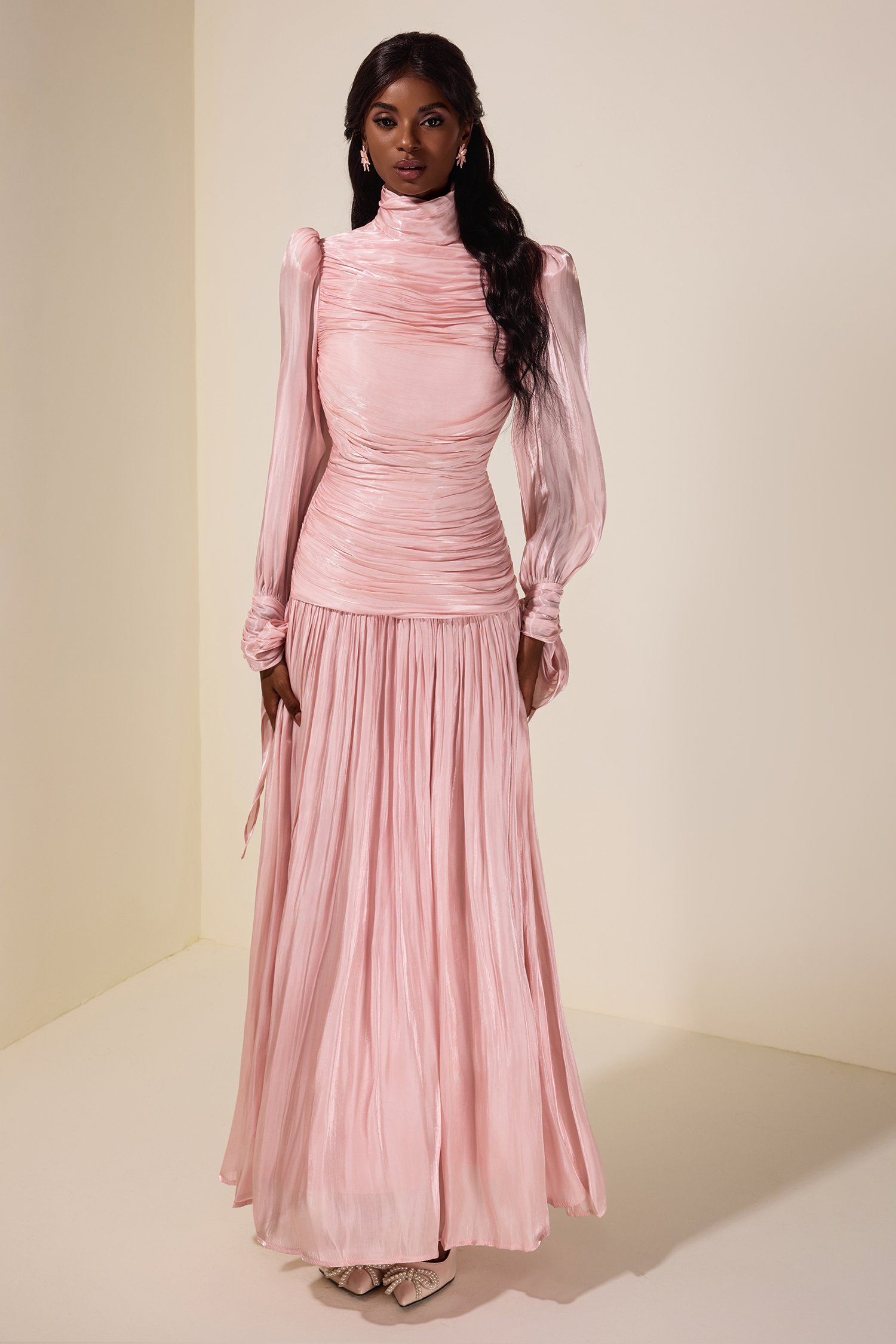 Tracy Pleated Lace-Up Long Sleeve Midi Dress