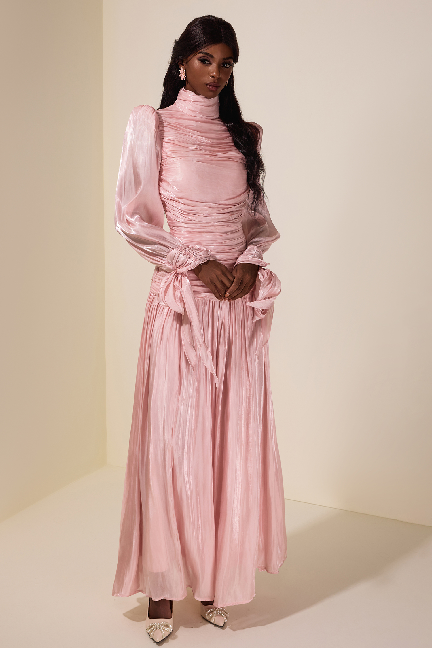 Pleated Lace-Up Long Sleeve Midi Dress