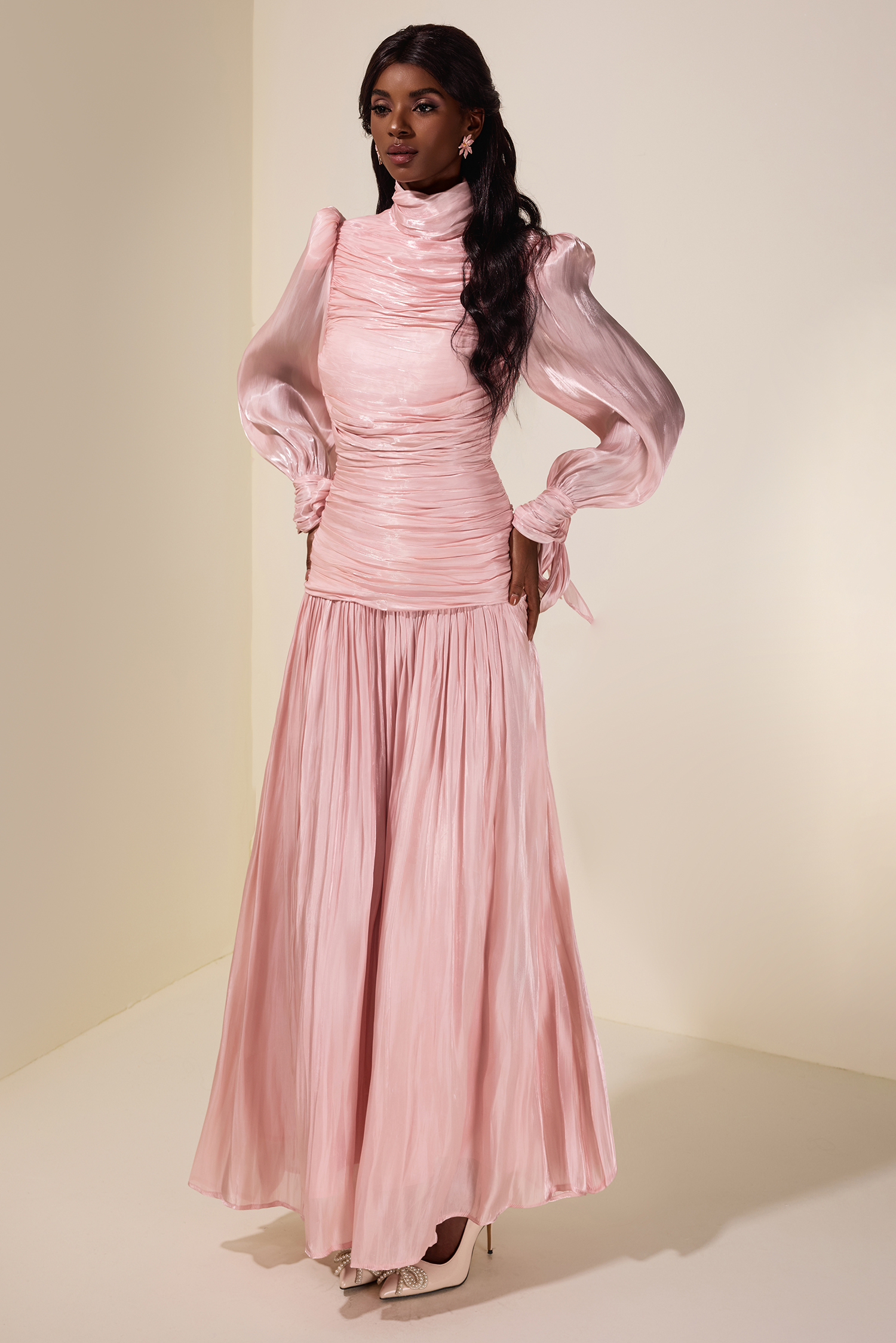 Pleated Lace-Up Long Sleeve Midi Dress