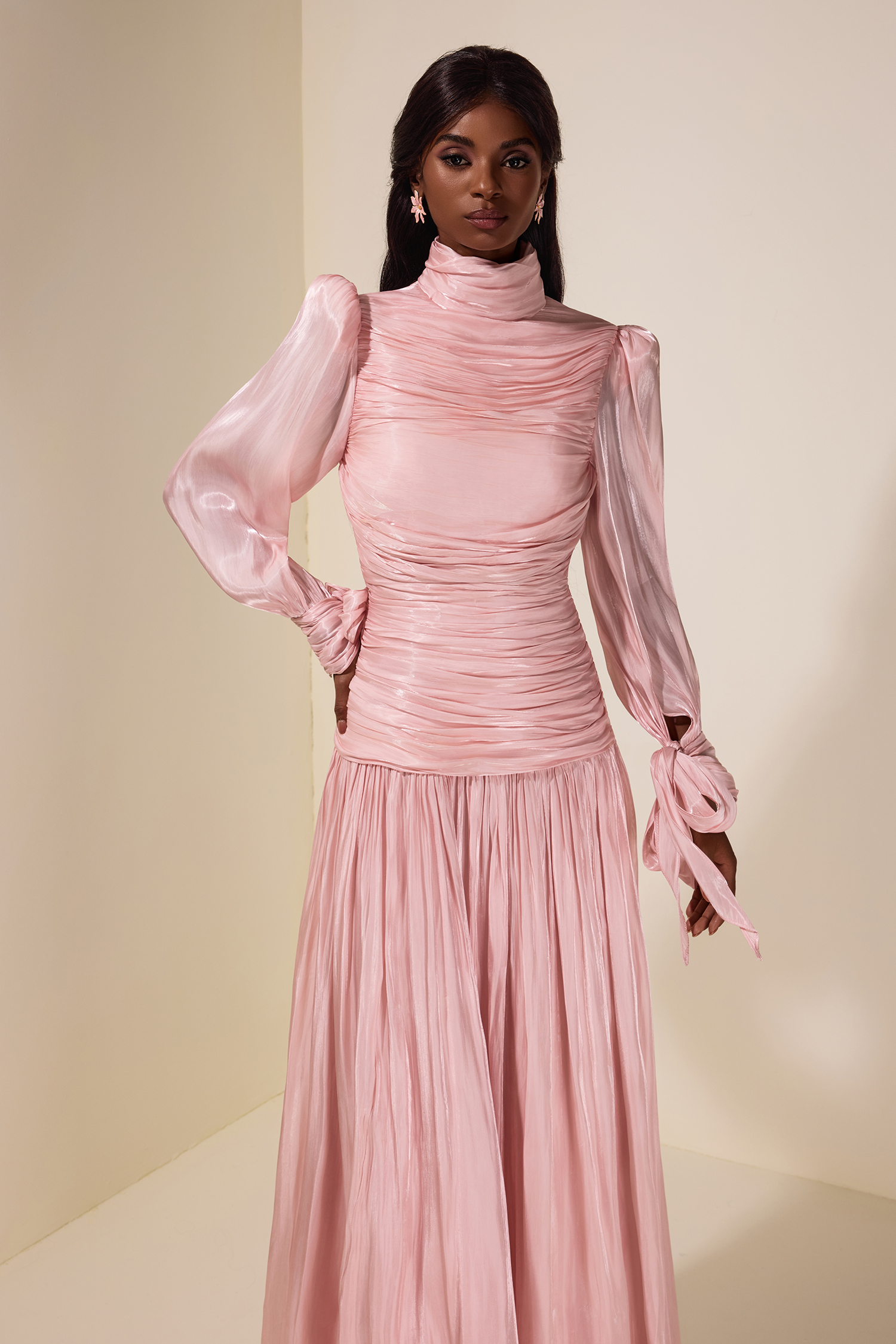 Pleated Lace-Up Long Sleeve Midi Dress