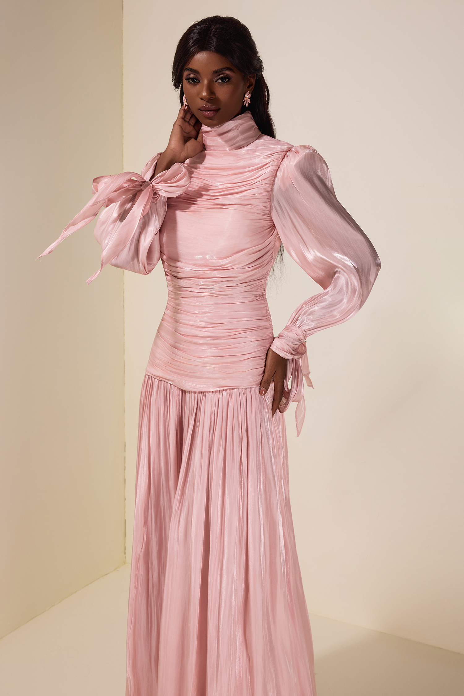 Pleated Lace-Up Long Sleeve Midi Dress