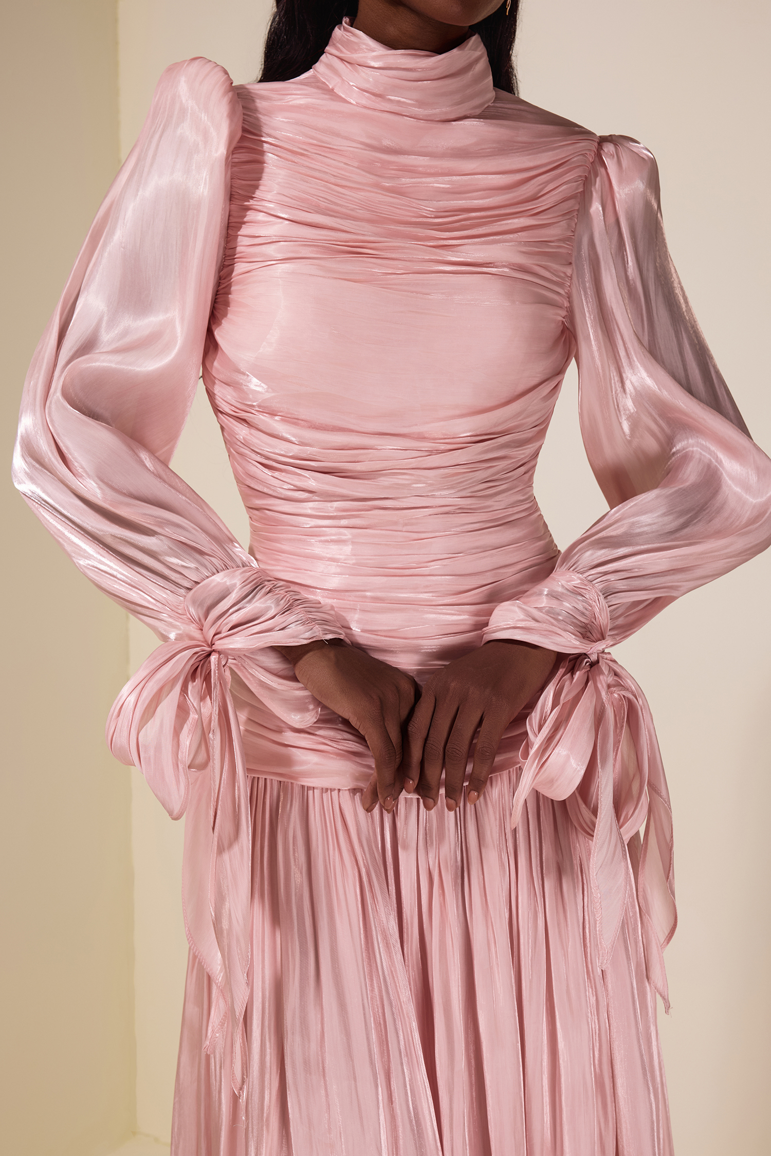 Pleated Lace-Up Long Sleeve Midi Dress