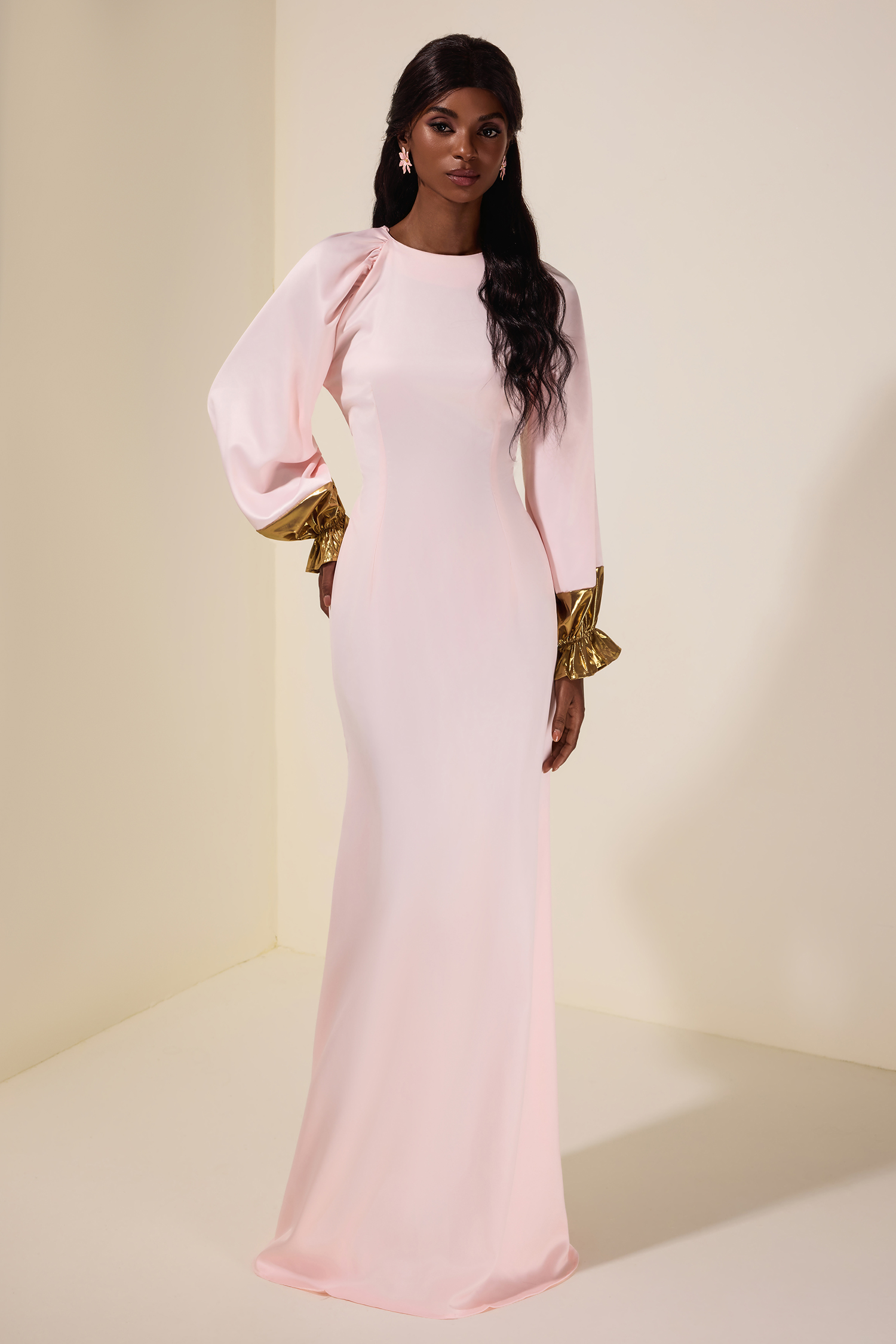 Satin Splicing Metallic Raglan Sleeve Maxi Dress