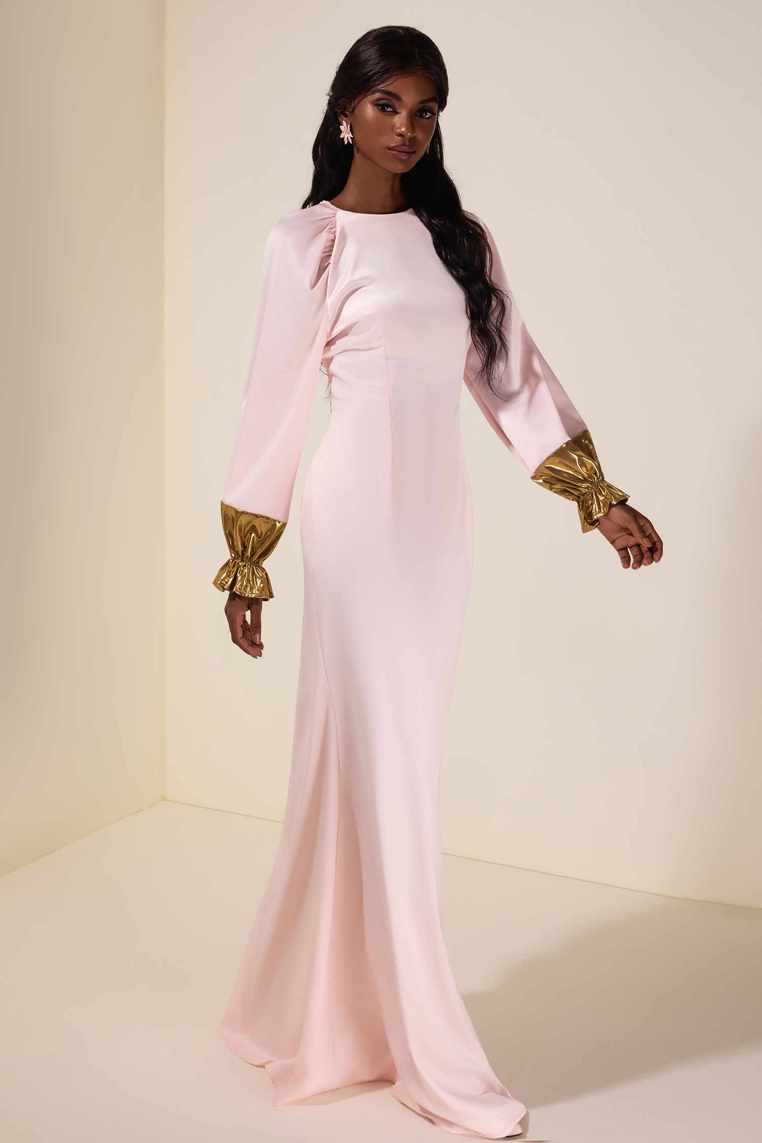Satin Splicing Metallic Raglan Sleeve Maxi Dress