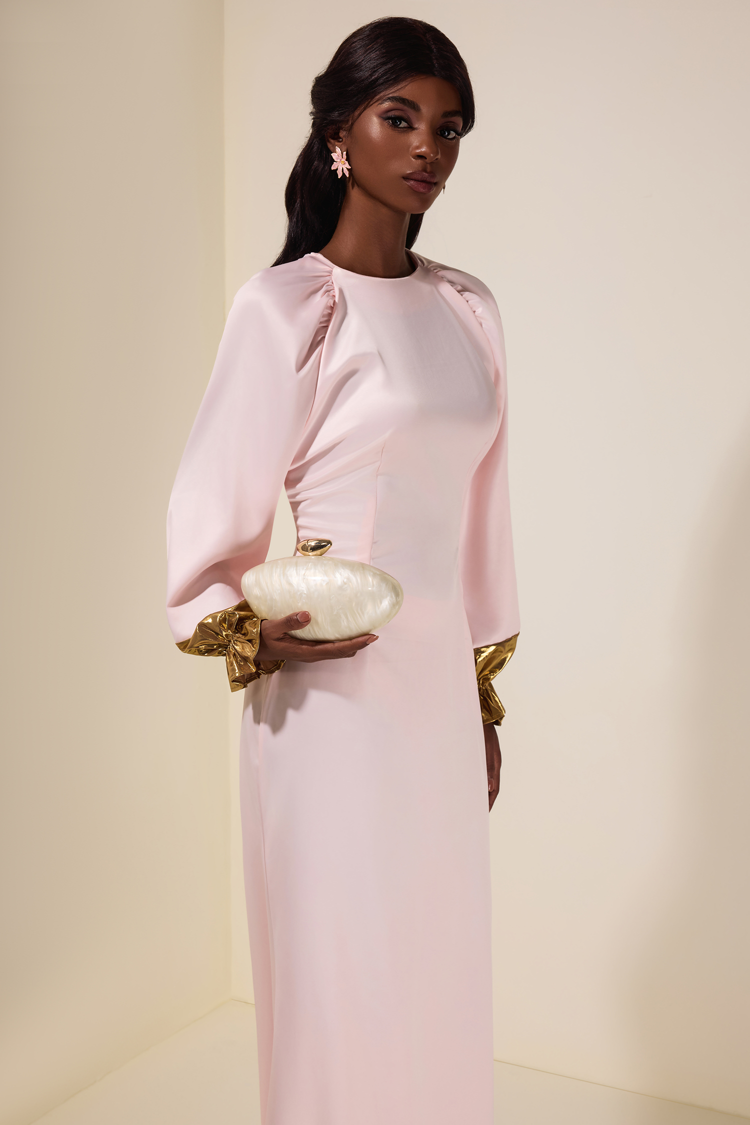 Satin Splicing Metallic Raglan Sleeve Maxi Dress