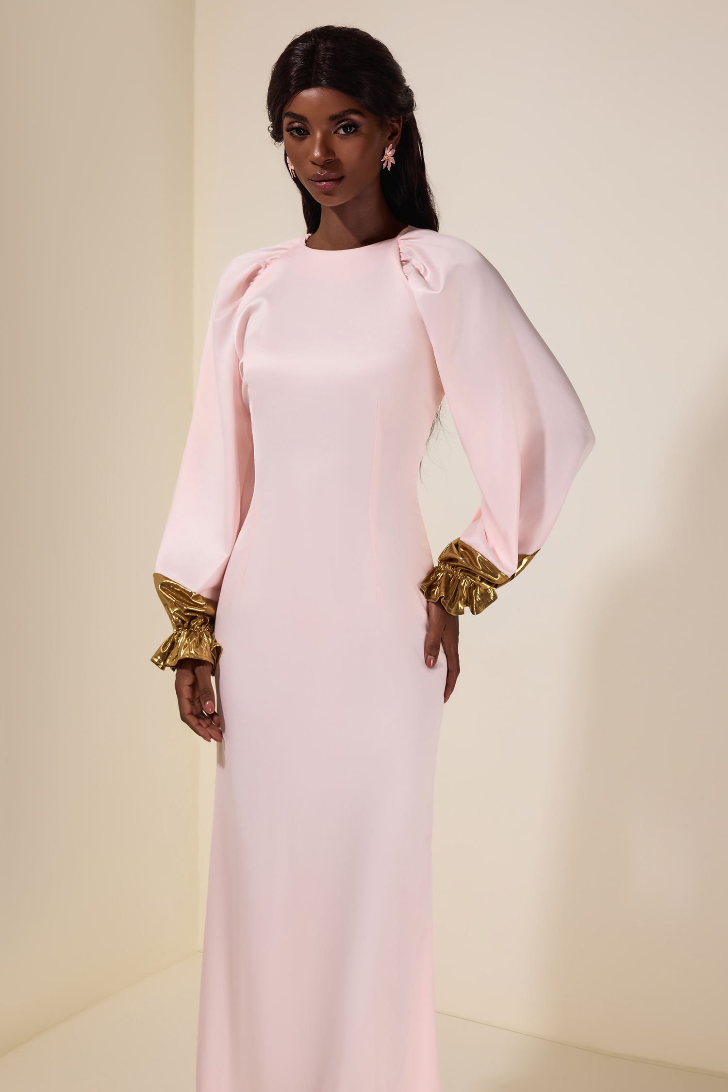 Satin Splicing Metallic Raglan Sleeve Maxi Dress