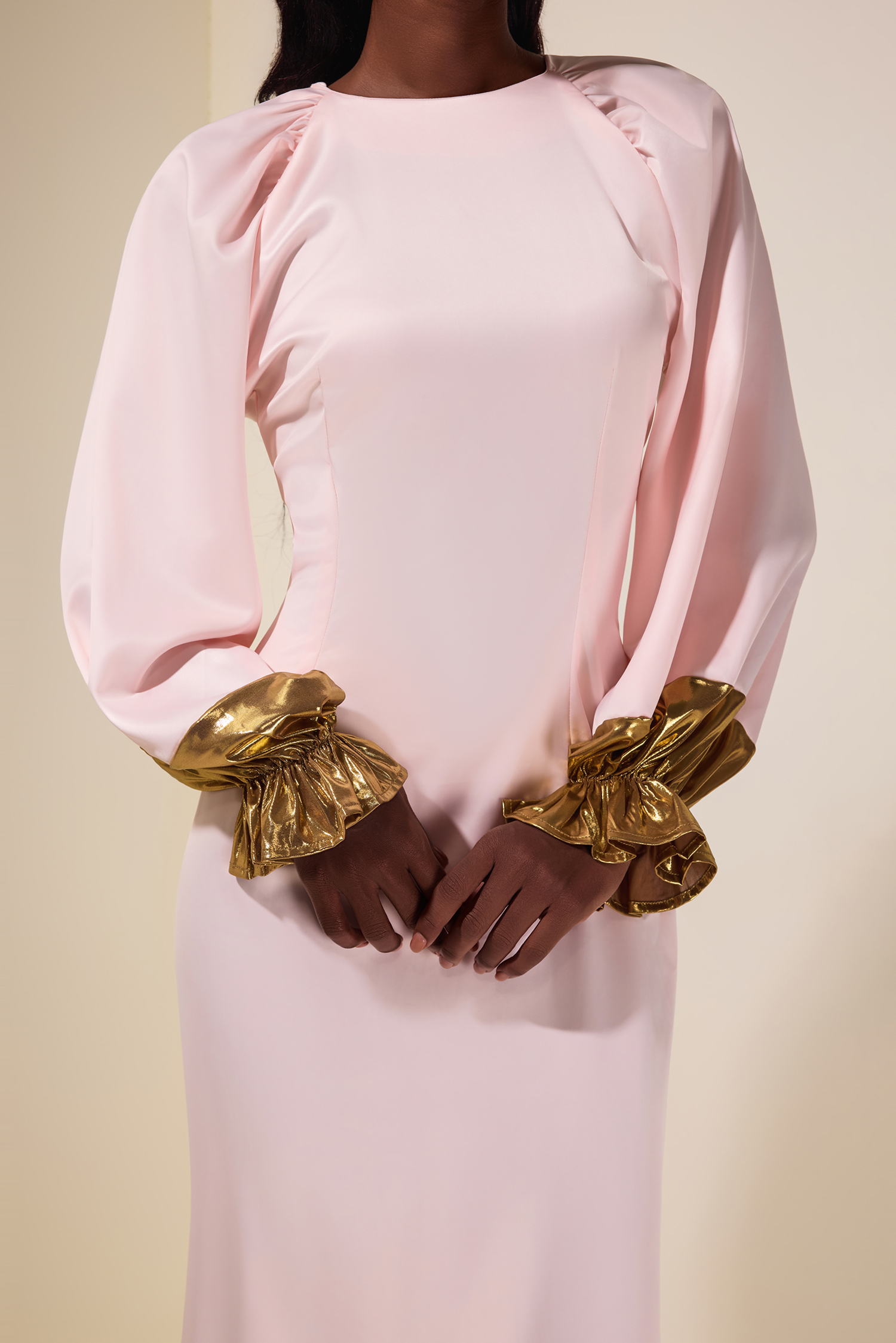 Satin Splicing Metallic Raglan Sleeve Maxi Dress