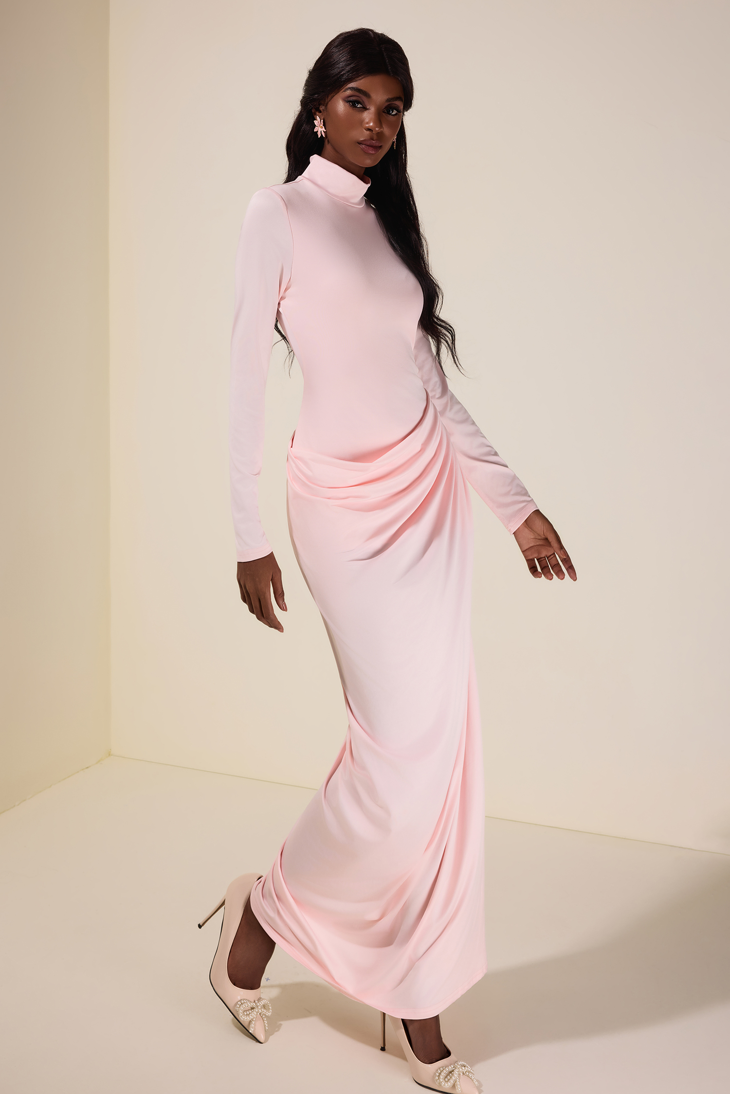 Jersey Gathering Long Sleeve Maxi Dress